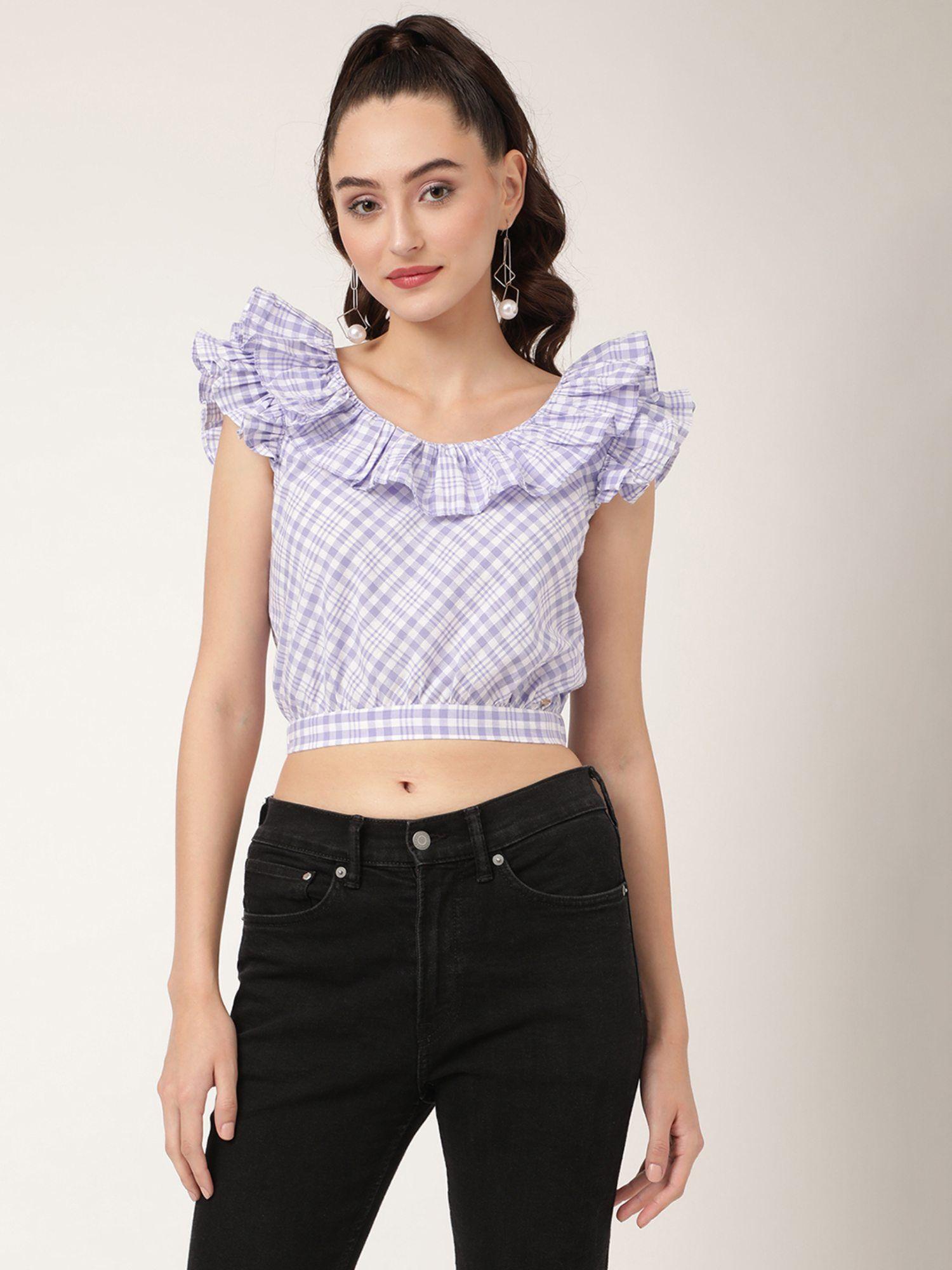 womens crop top with ruffle at neckline and elasticated waist