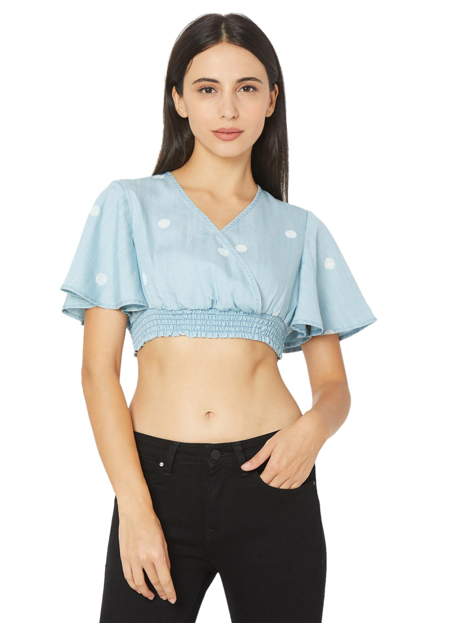 womens crop v neck ice blue top