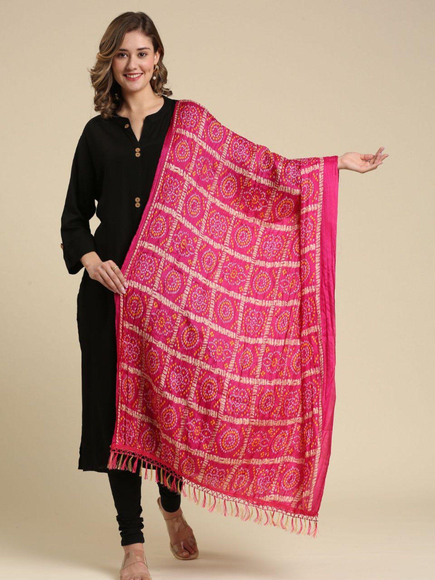 womens crushed art silk bandhini printed dupatta pink