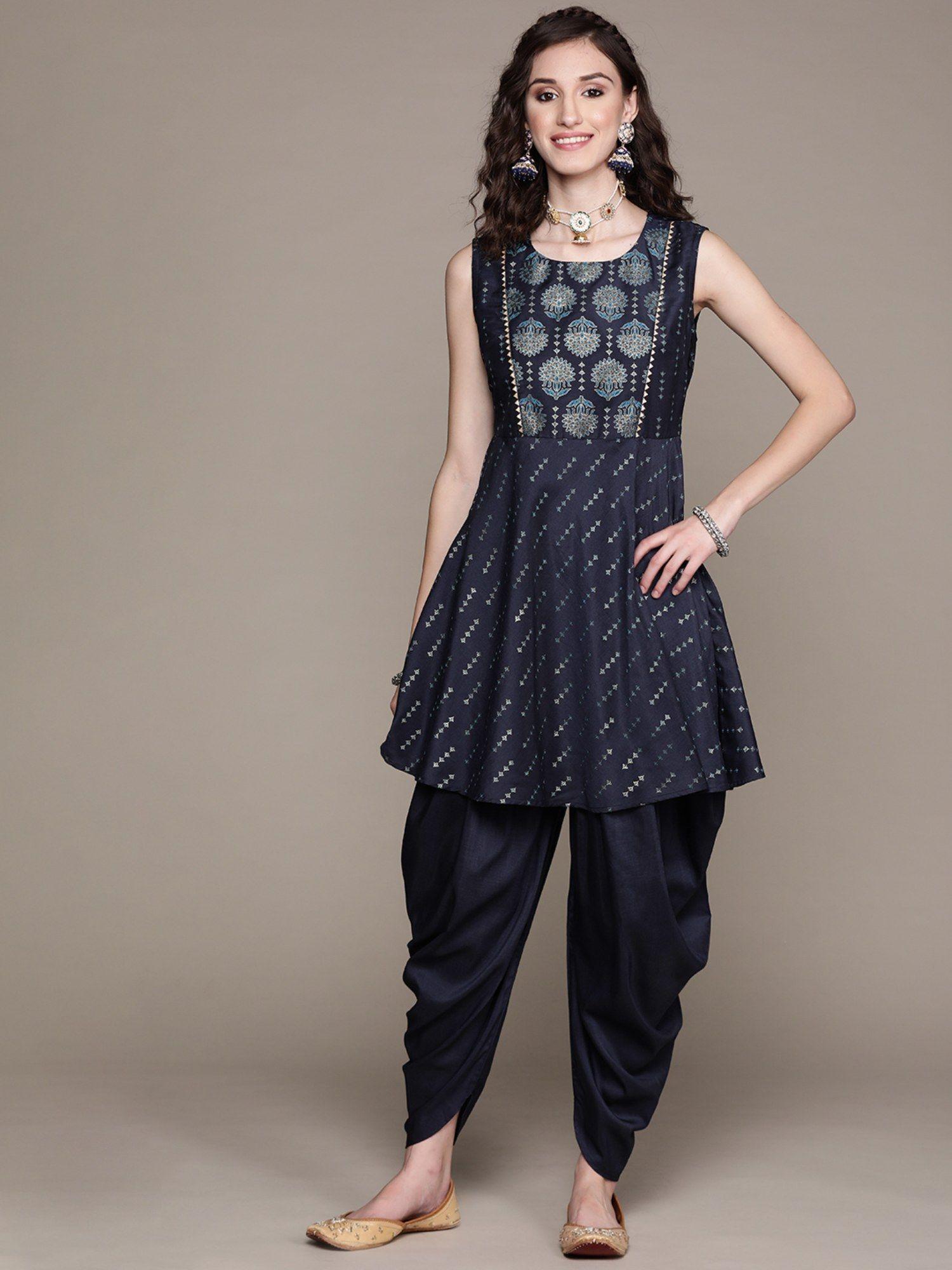 womens dark blue chinon flared kurta and dhoti pant (set of 2)