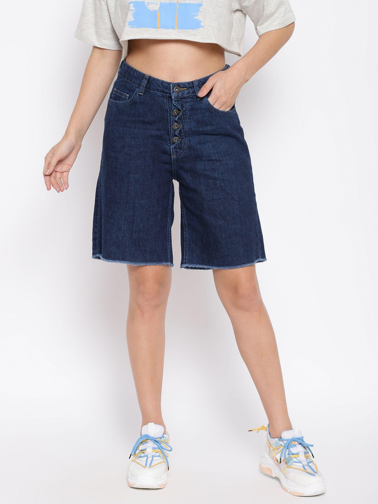 womens dark blue solid denim shorts