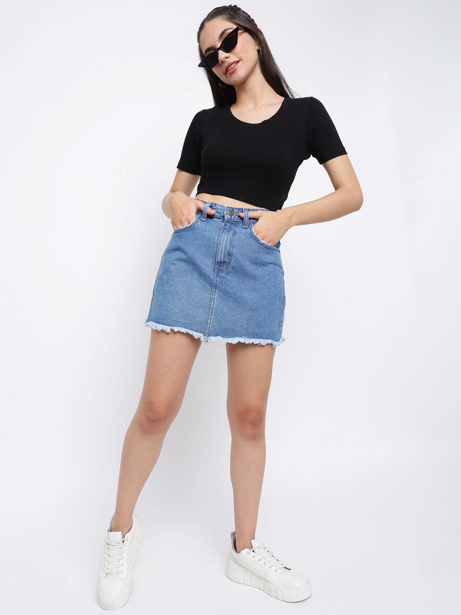 womens dark blue solid mini length straight denim skirt