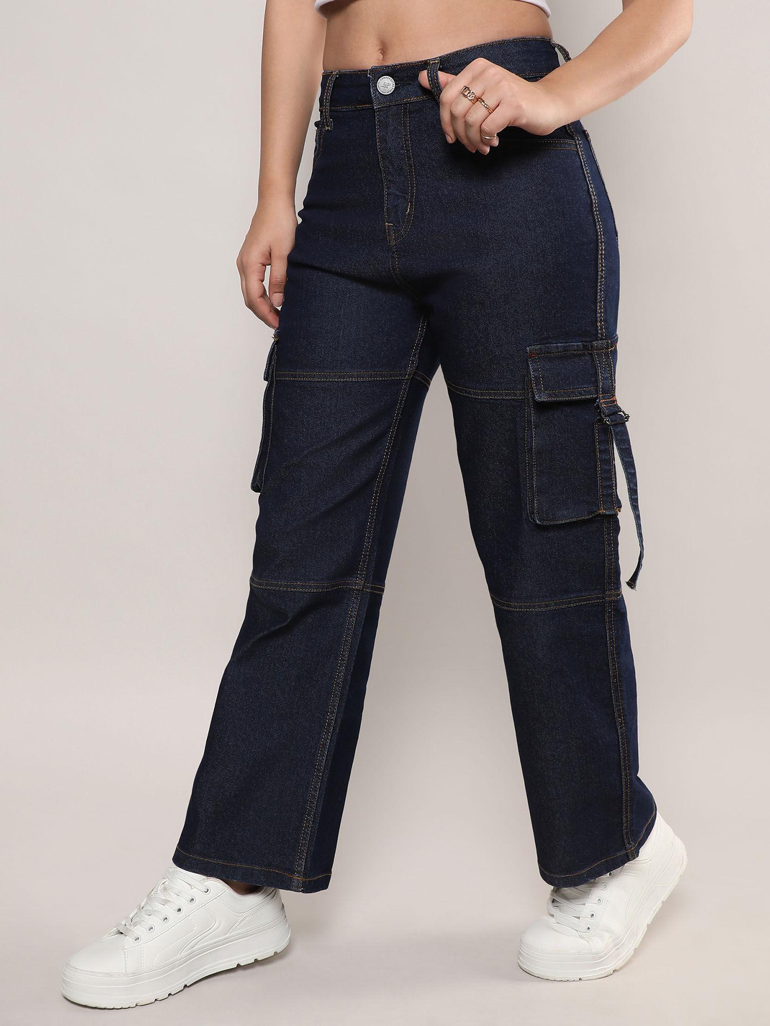 womens dark blue straight fit cargo denim jeans