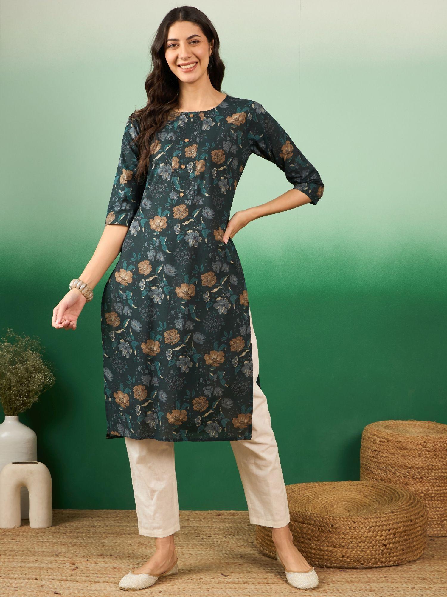 womens dark green floral printed straight kurta