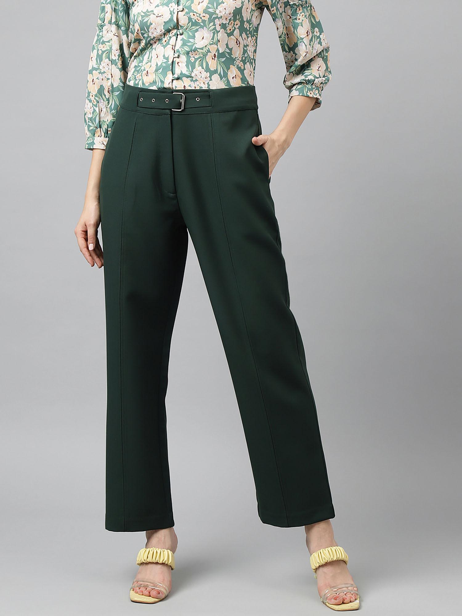 womens dark green solid casual pant