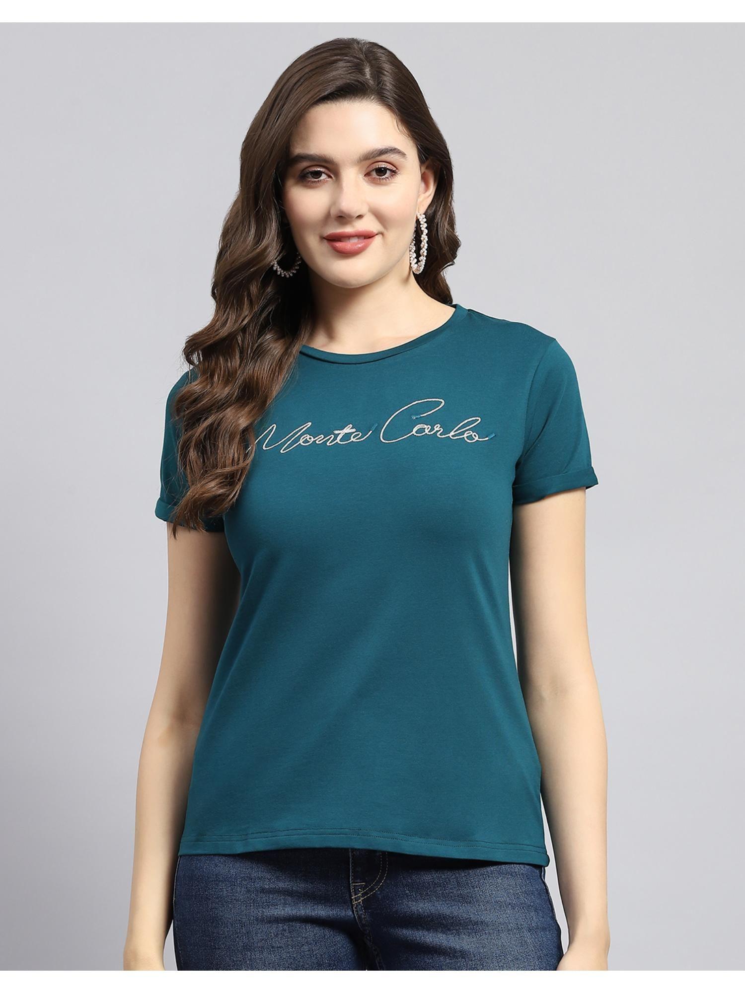 womens dark green solid round neck half sleeve t-shirt