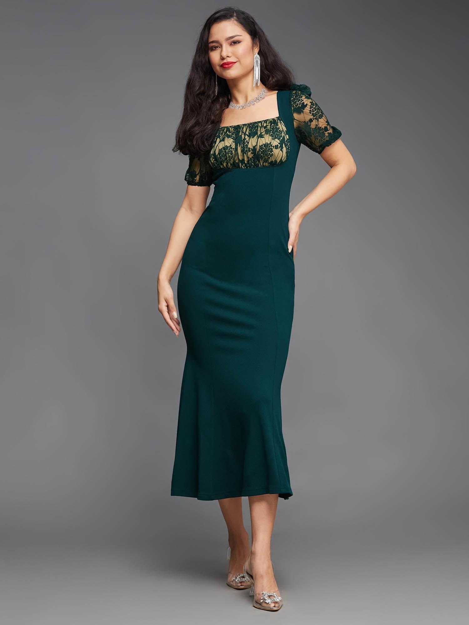 womens dark green square neck solid lace overlaid ankle length dress