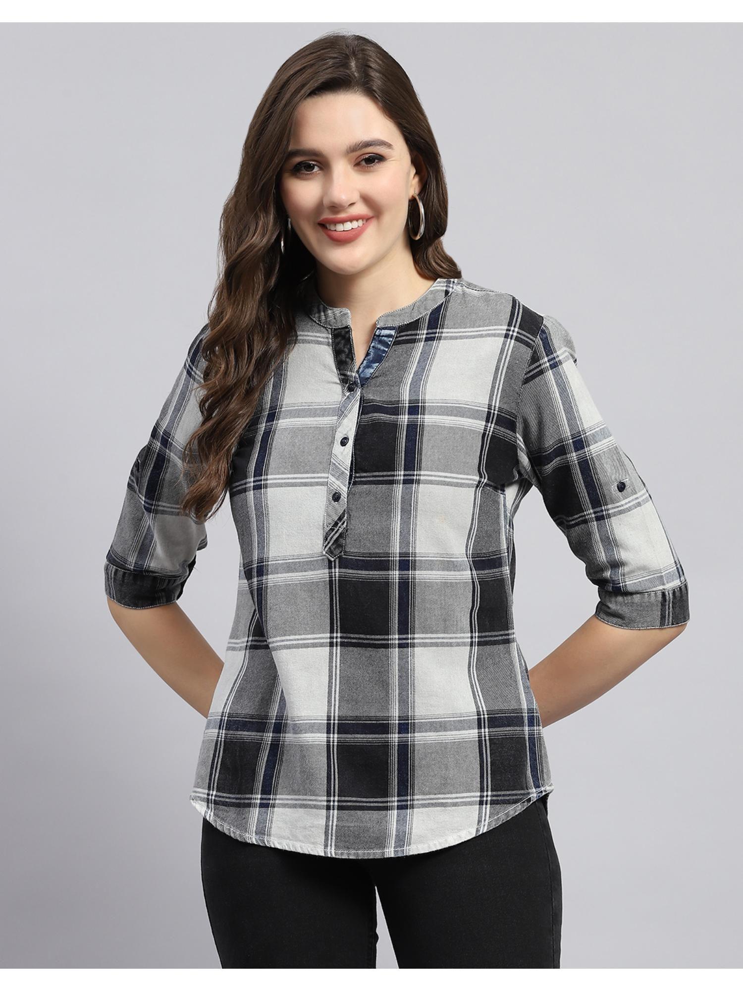 womens dark grey checkered mandarin neck 3-4 sleeve top