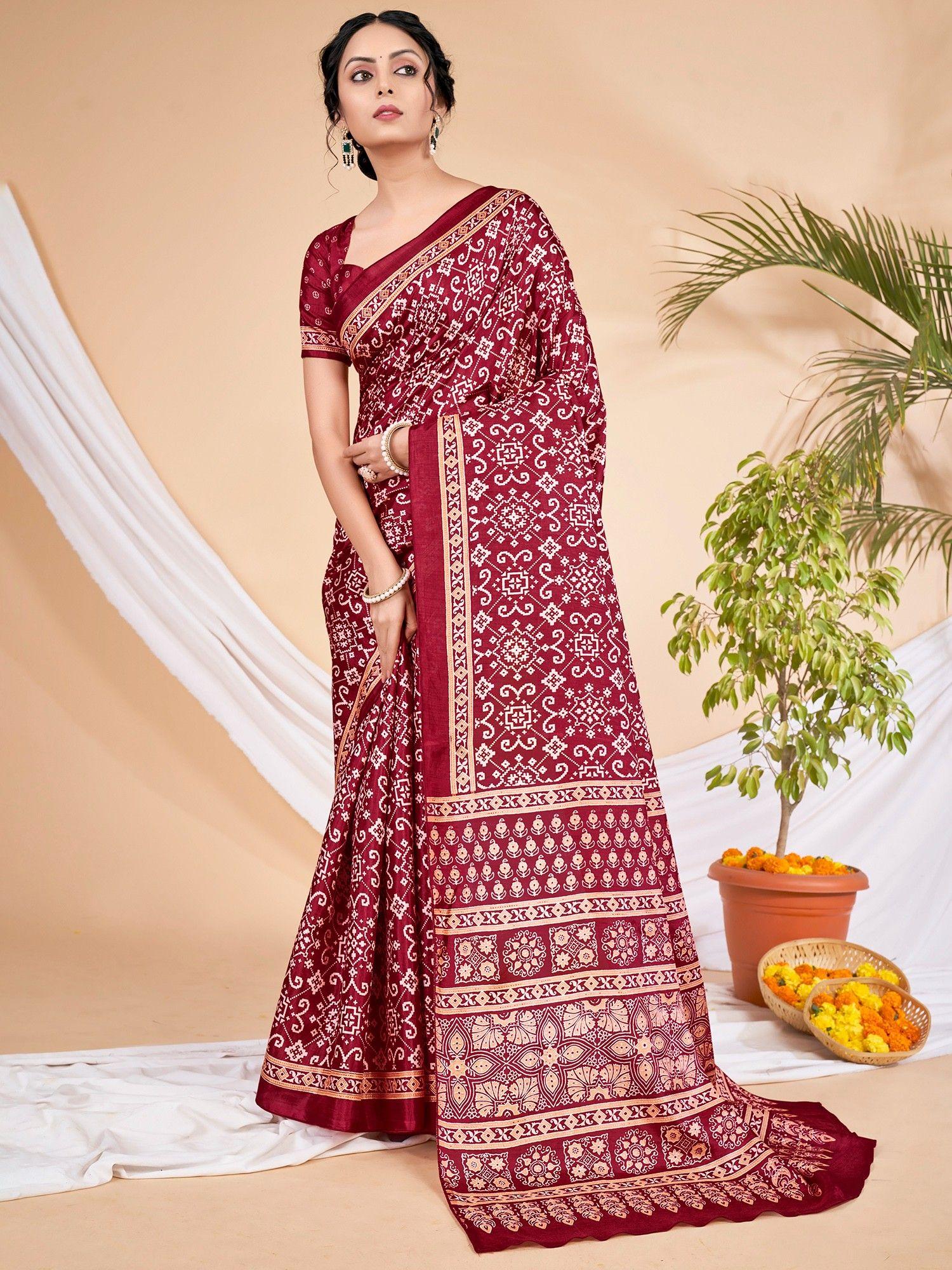 womens dola silk maroon printed designer saree with unstitched blouse