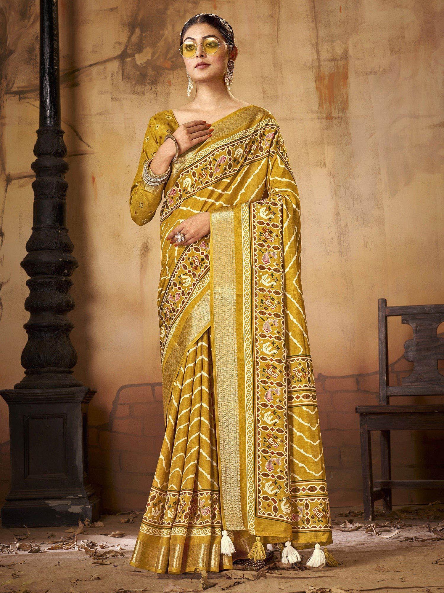 womens dola silk mustard printed designer saree with unstitched blouse