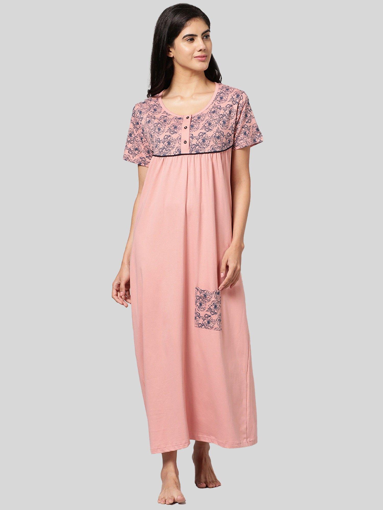 womens dusty pink floral printed pure cotton maxi nightdress