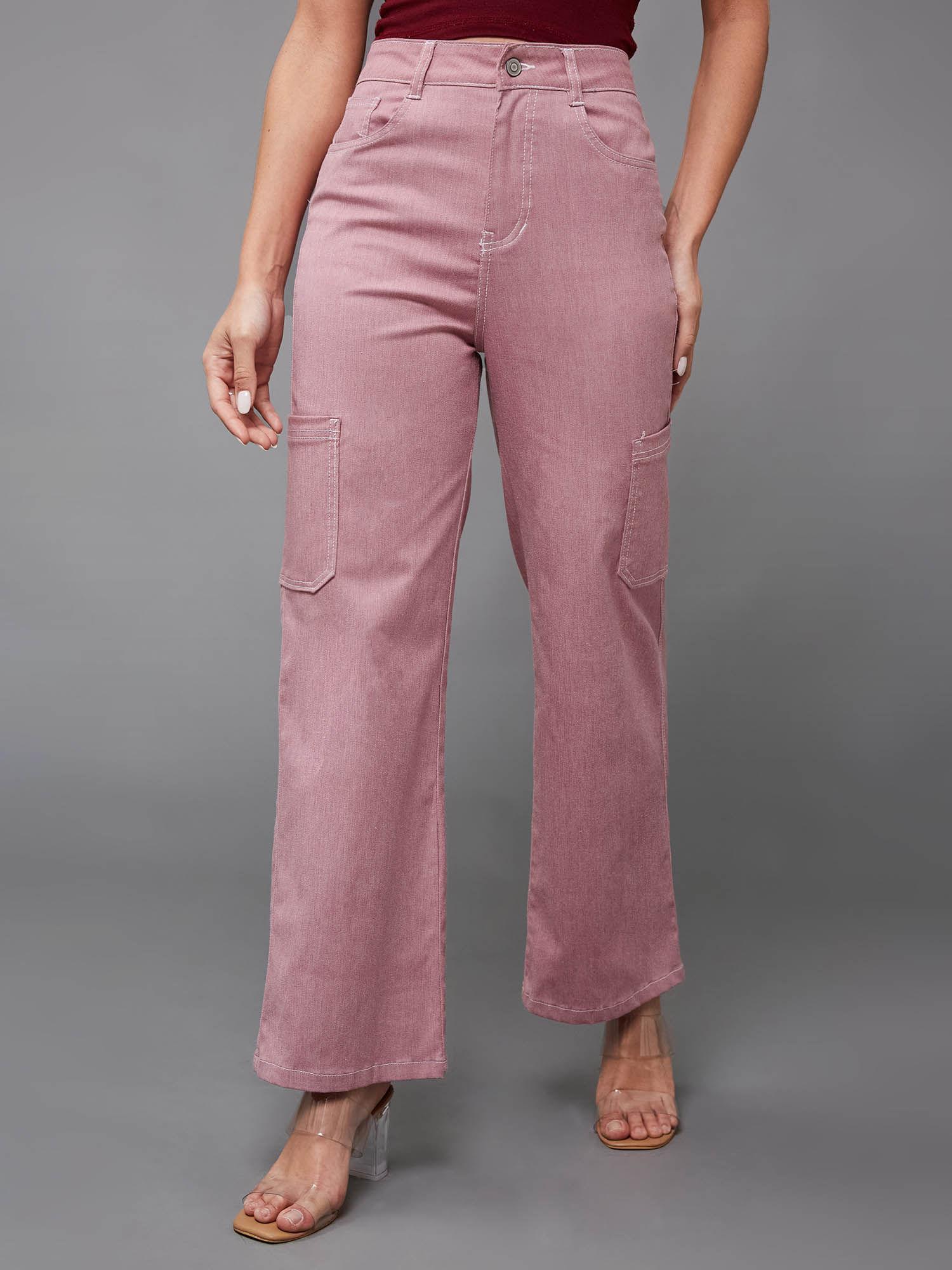 womens dusty pink wide leg high rise stretchable denim pants