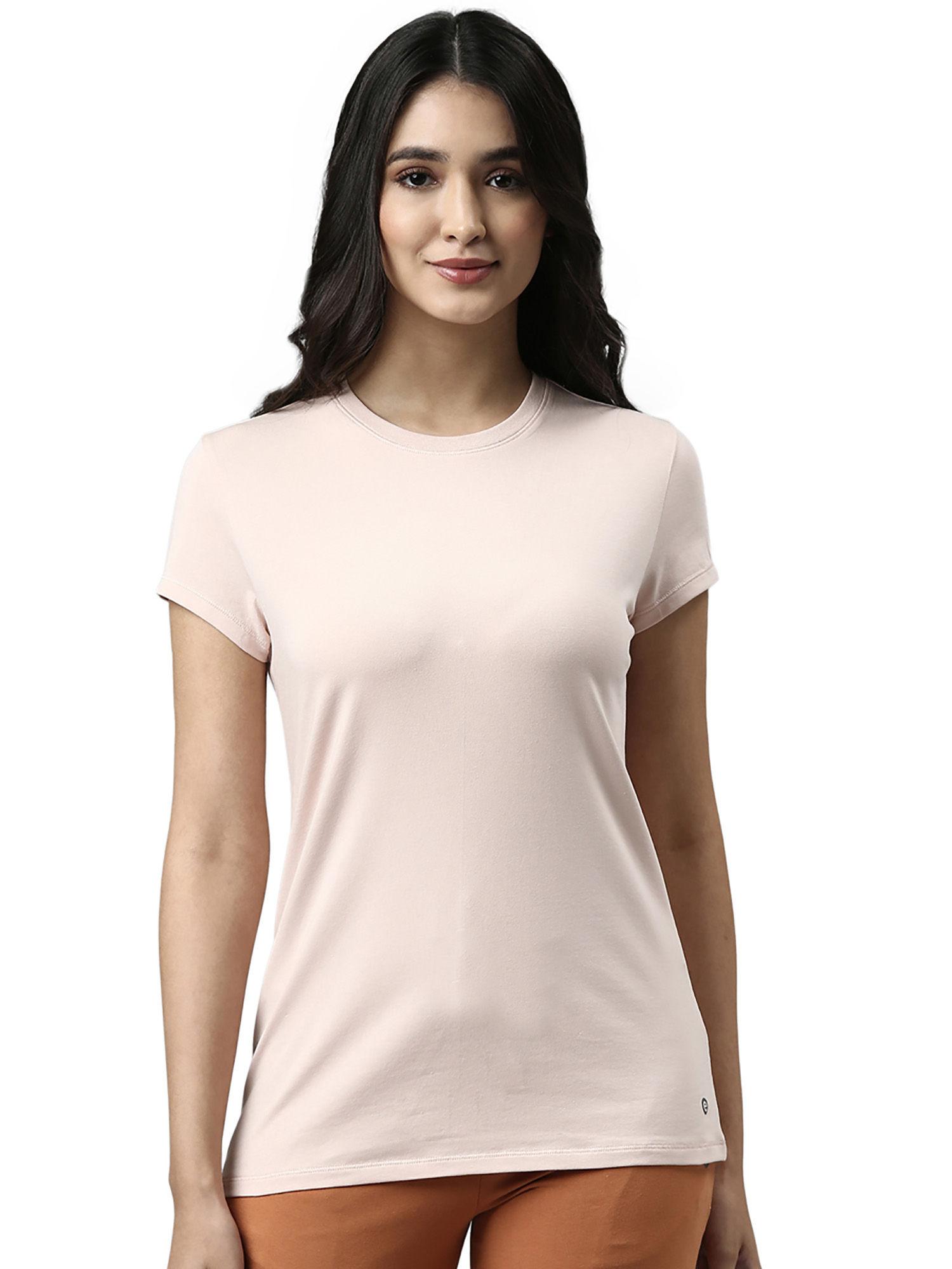 womens e047-short sleeve crew neck slim fit stretch cotton lounge tshirt-rose water