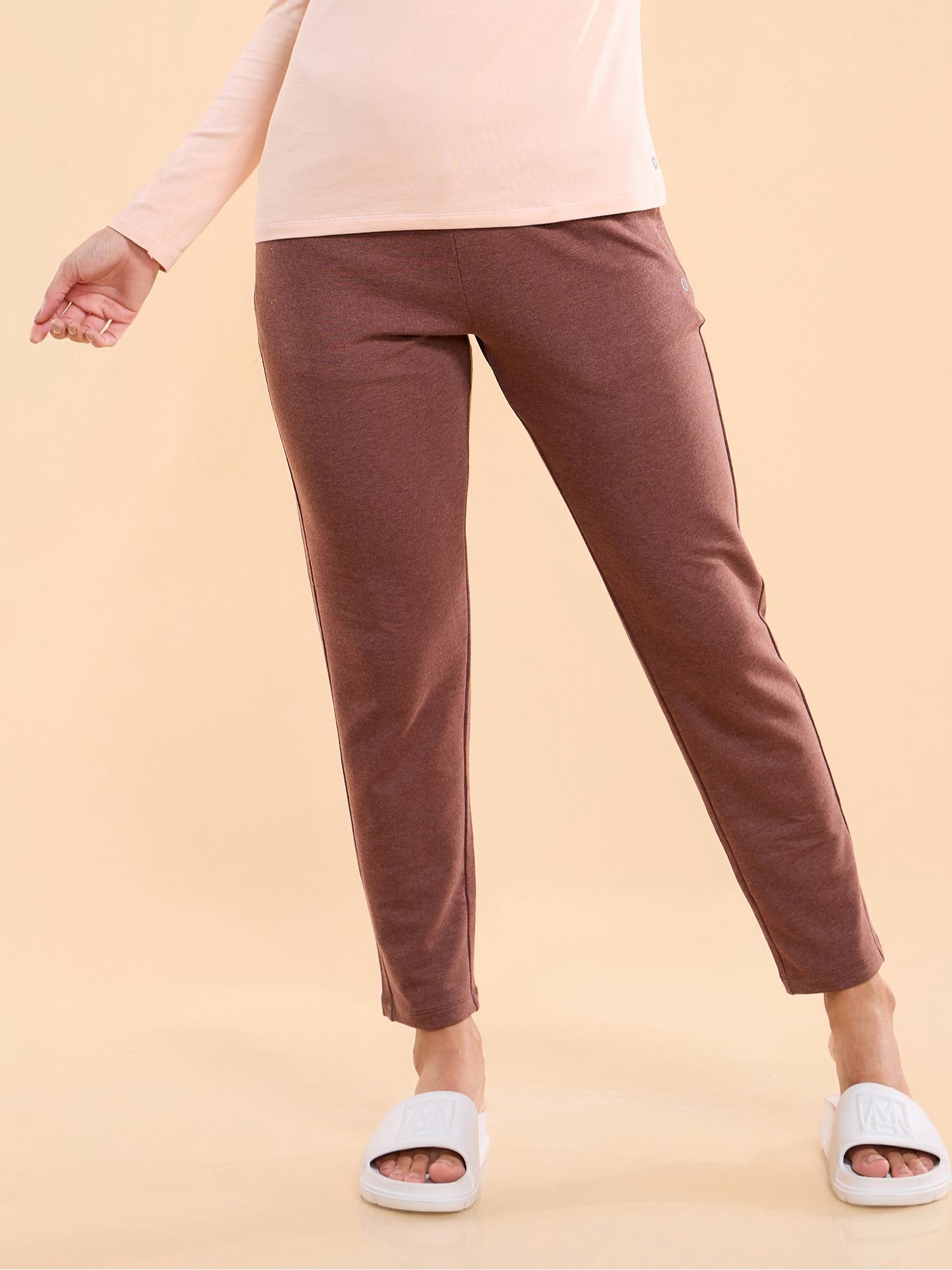 womens e060-slim fit mid rise french terry ankle length lounge pants - brown