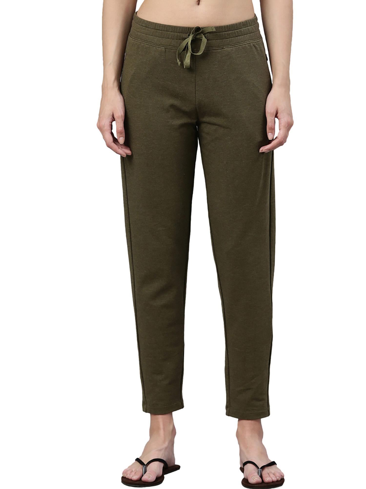 womens e060-slim fit mid rise french terry cotton lounge pants-army green melange