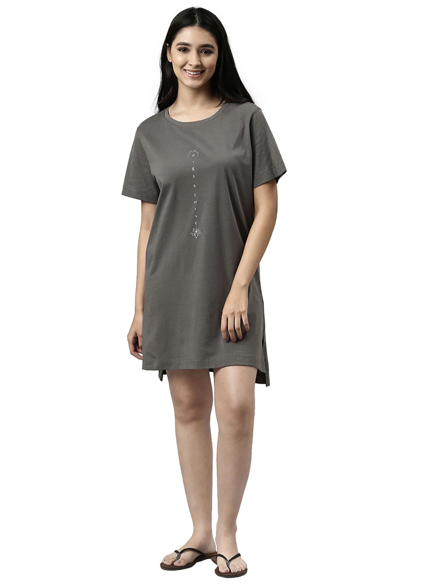 womens e061-relaxed fit short sleeve crew neck cotton tunic tee dress with side slit