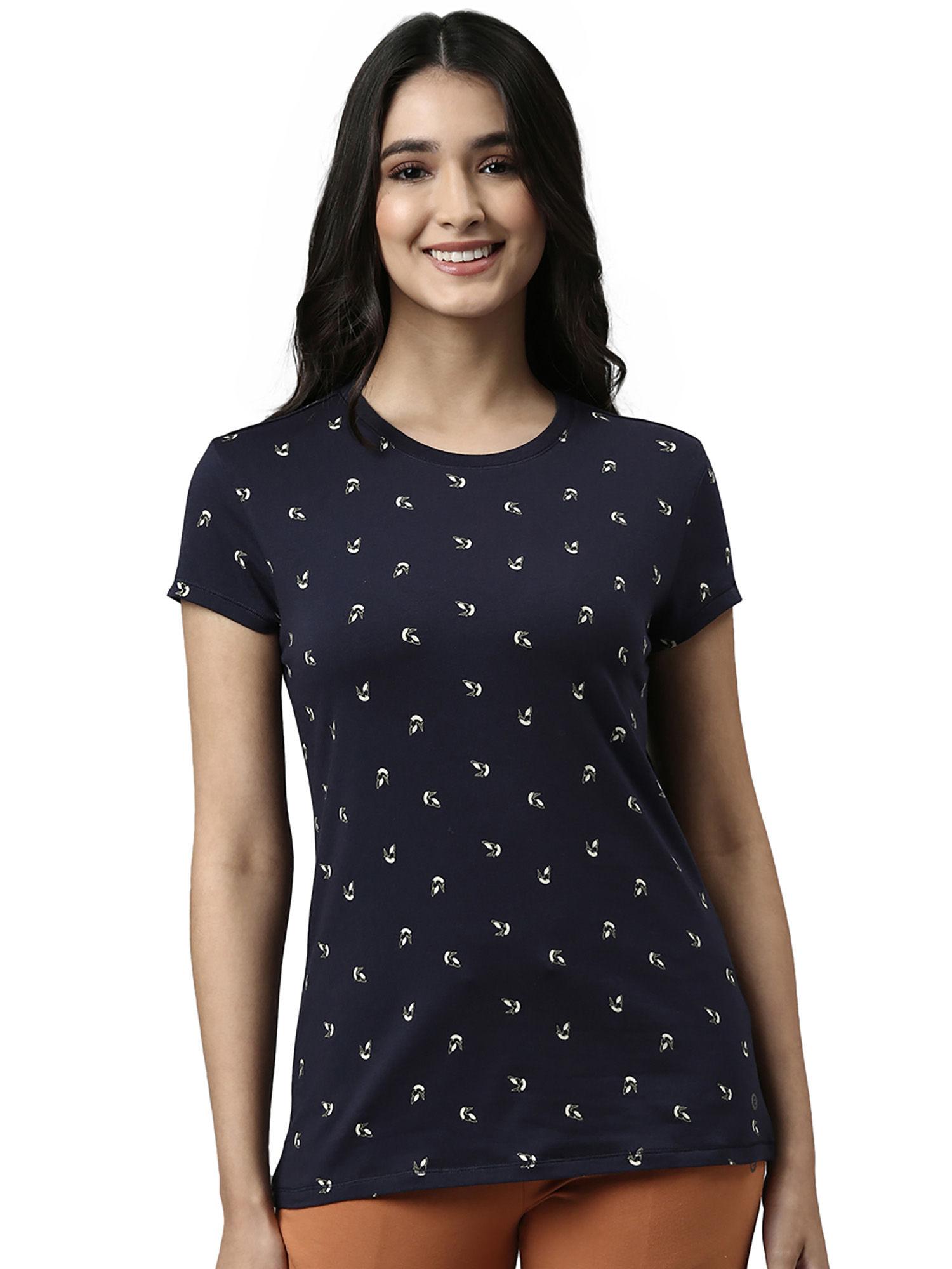 womens e247-short sleeve crew neck slim fit stretch cotton lounge tshirt-navy bird aop