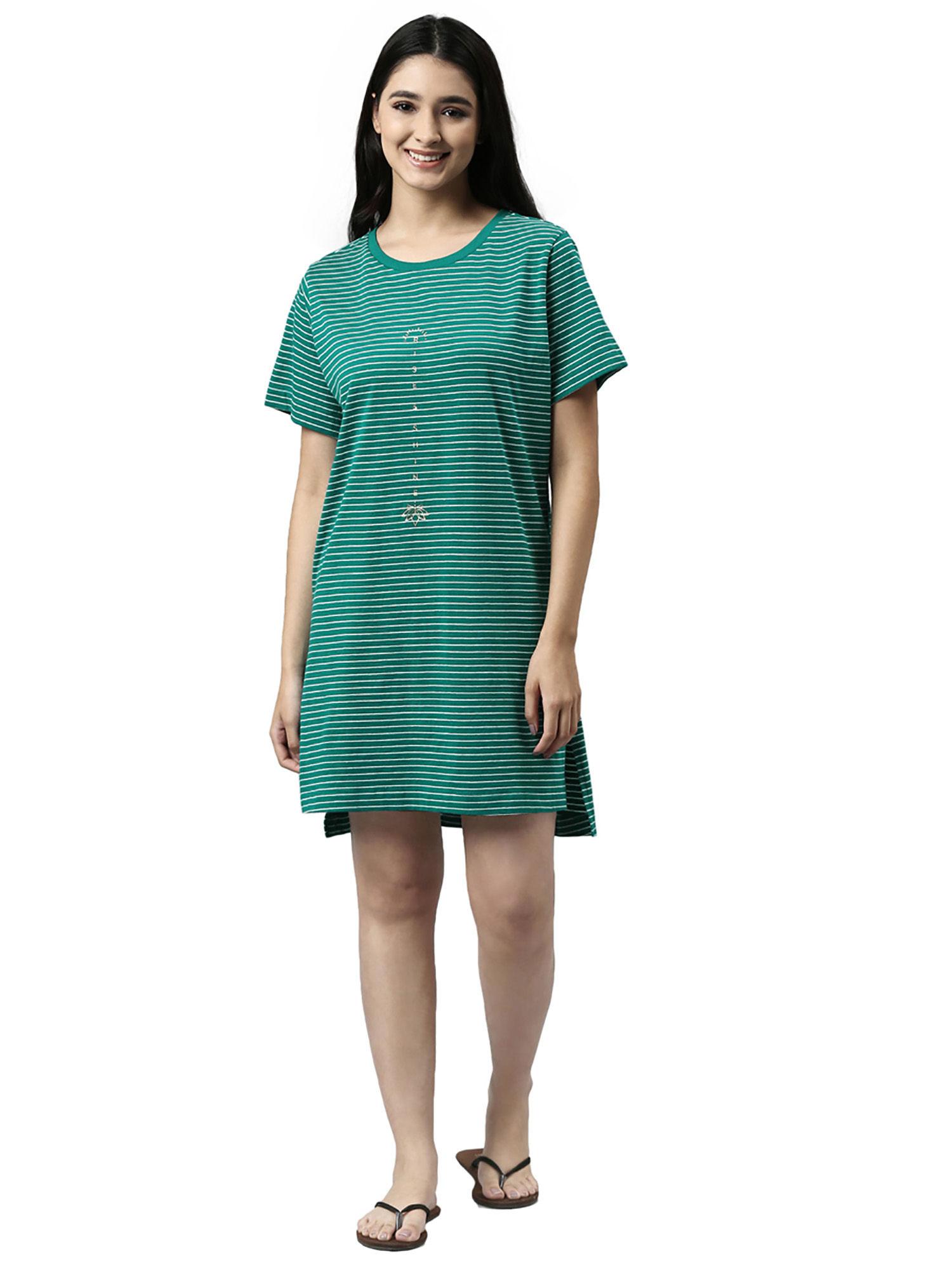 womens ea61-relaxed fit short sleeve crew neck striped tunic tee with side slit-green