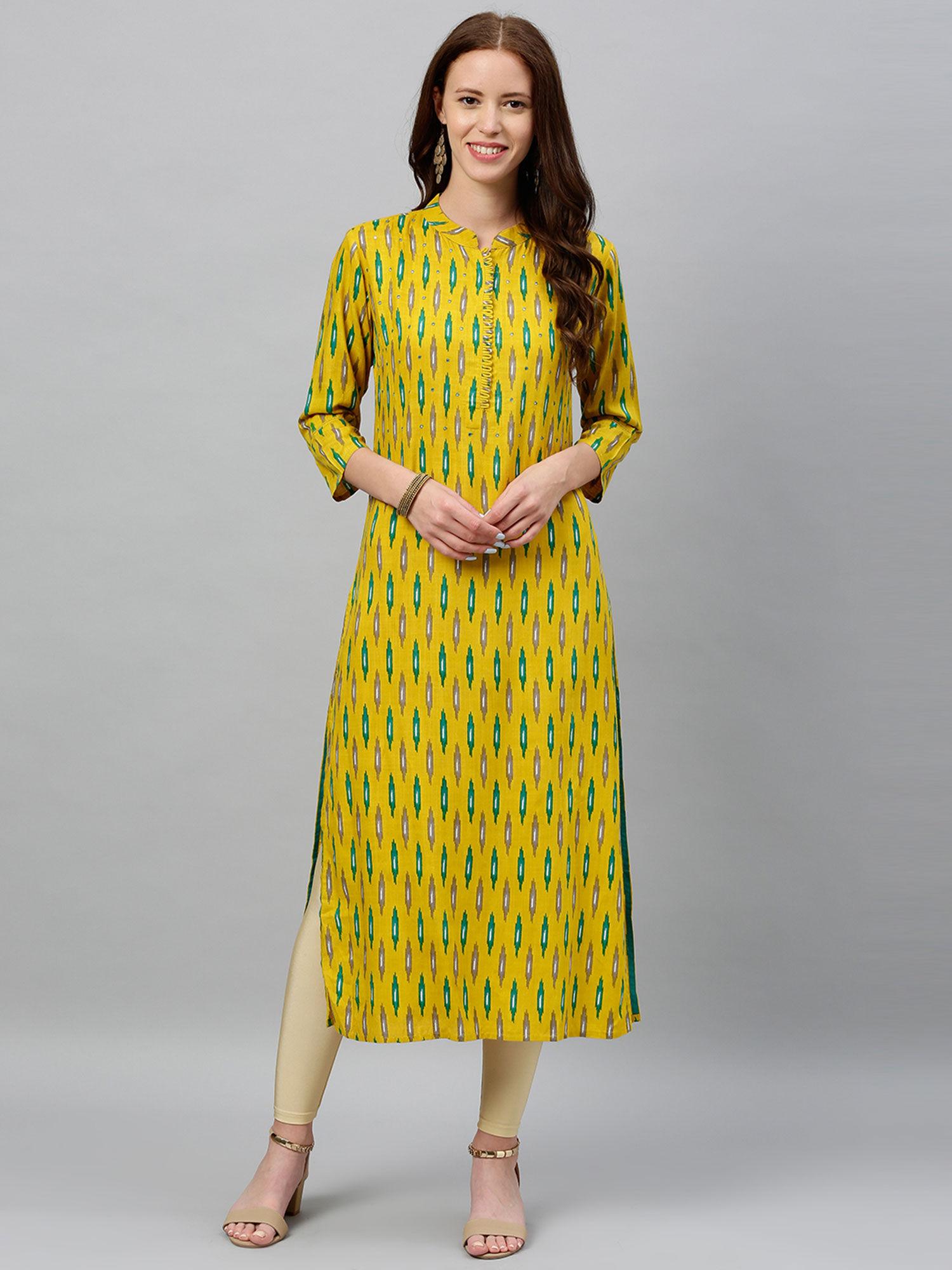 womens ekat printed rayon slub fabric straight kurta mustard color