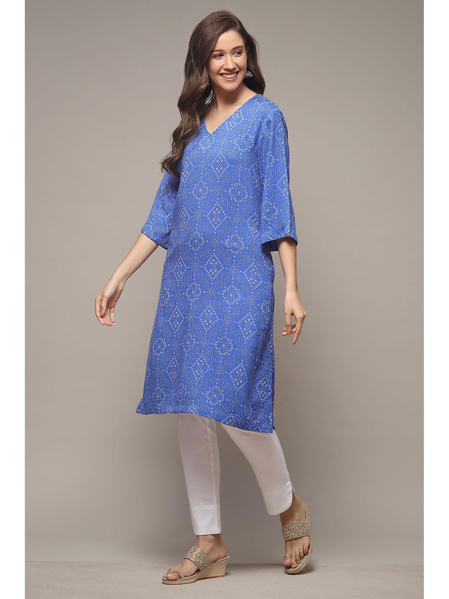 womens electric blue printed viscose straight kurta