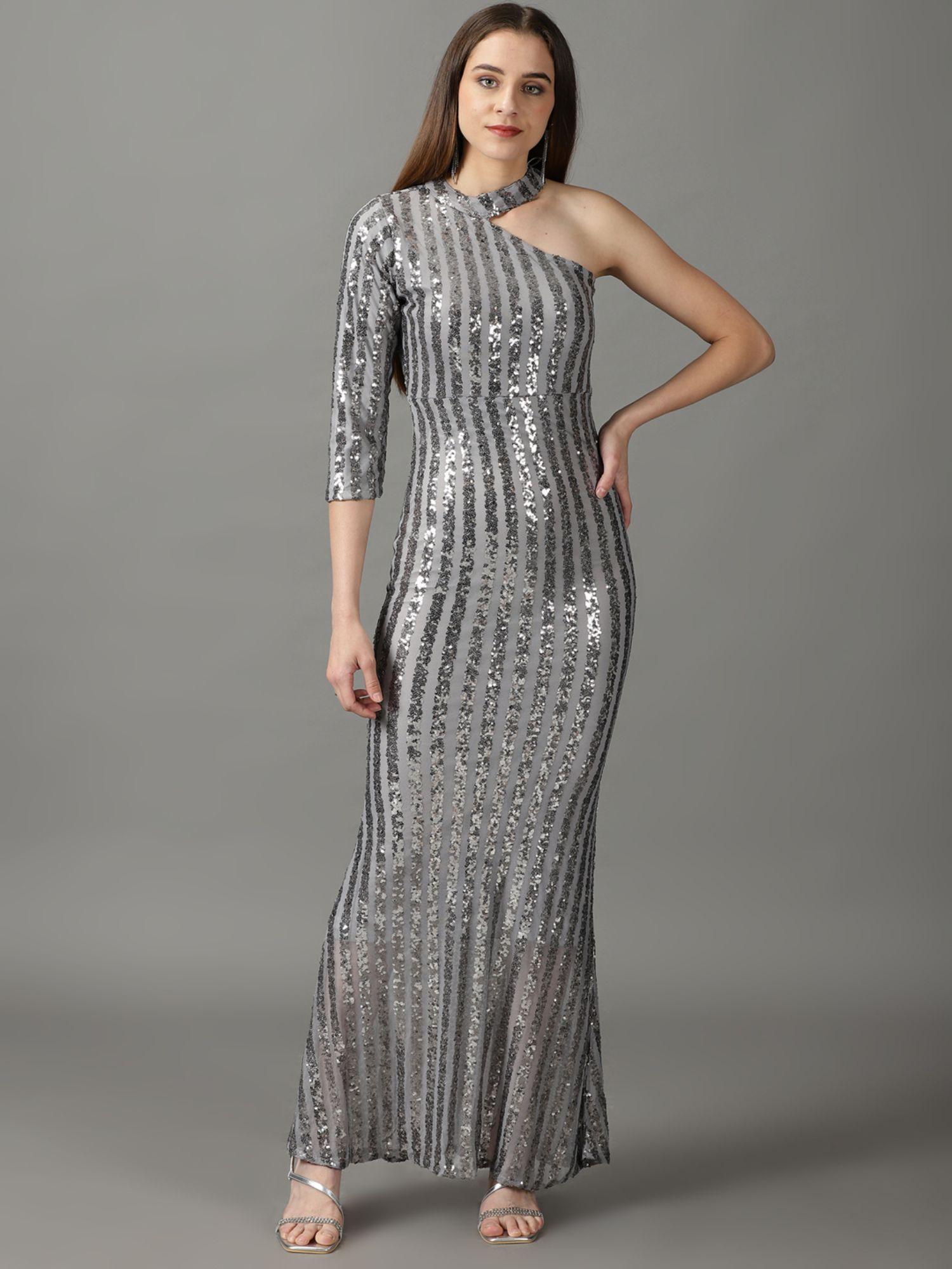 womens embellished asymmetric neck grey maxi dress