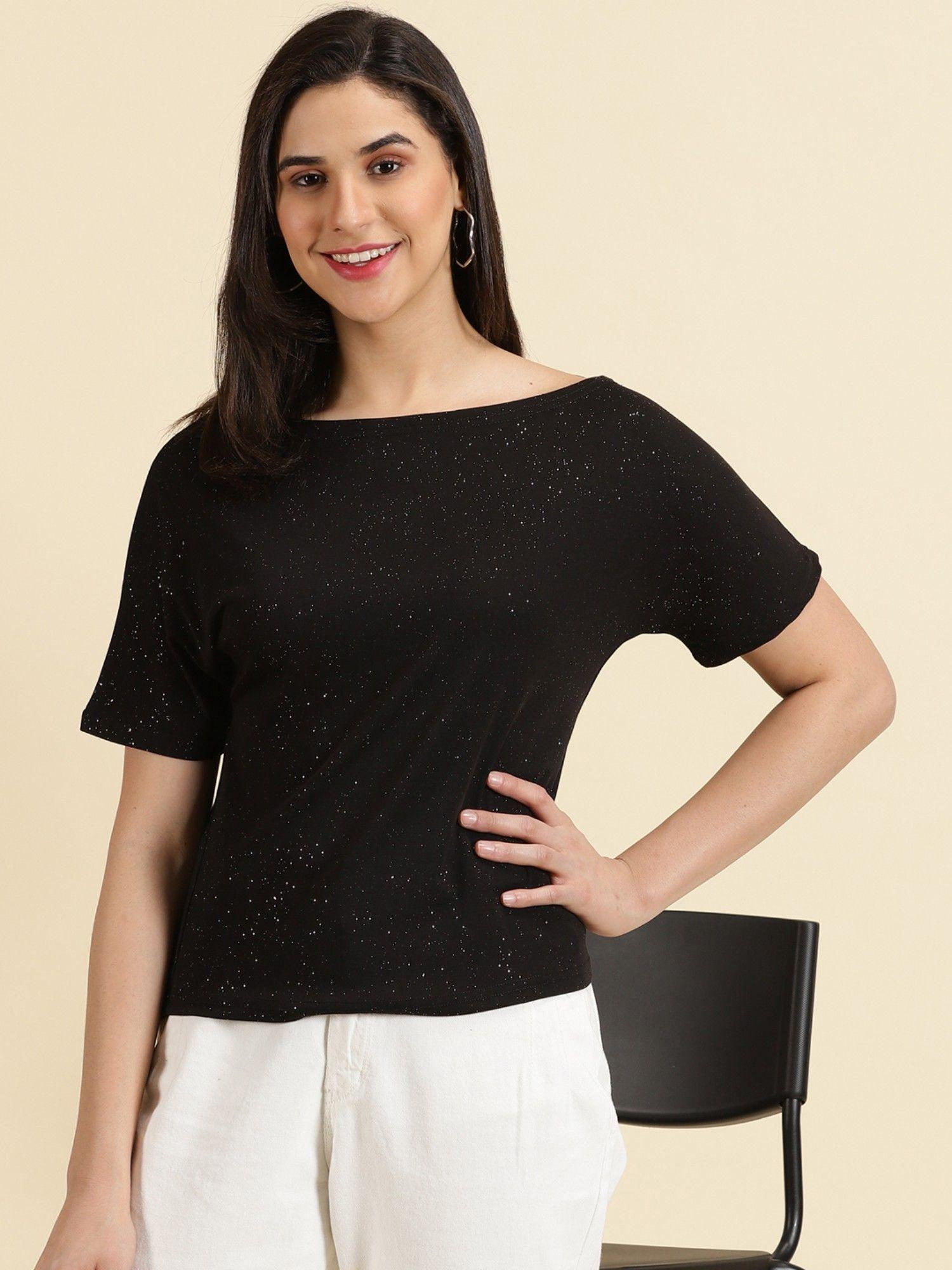 womens embellished boat neck black regular top