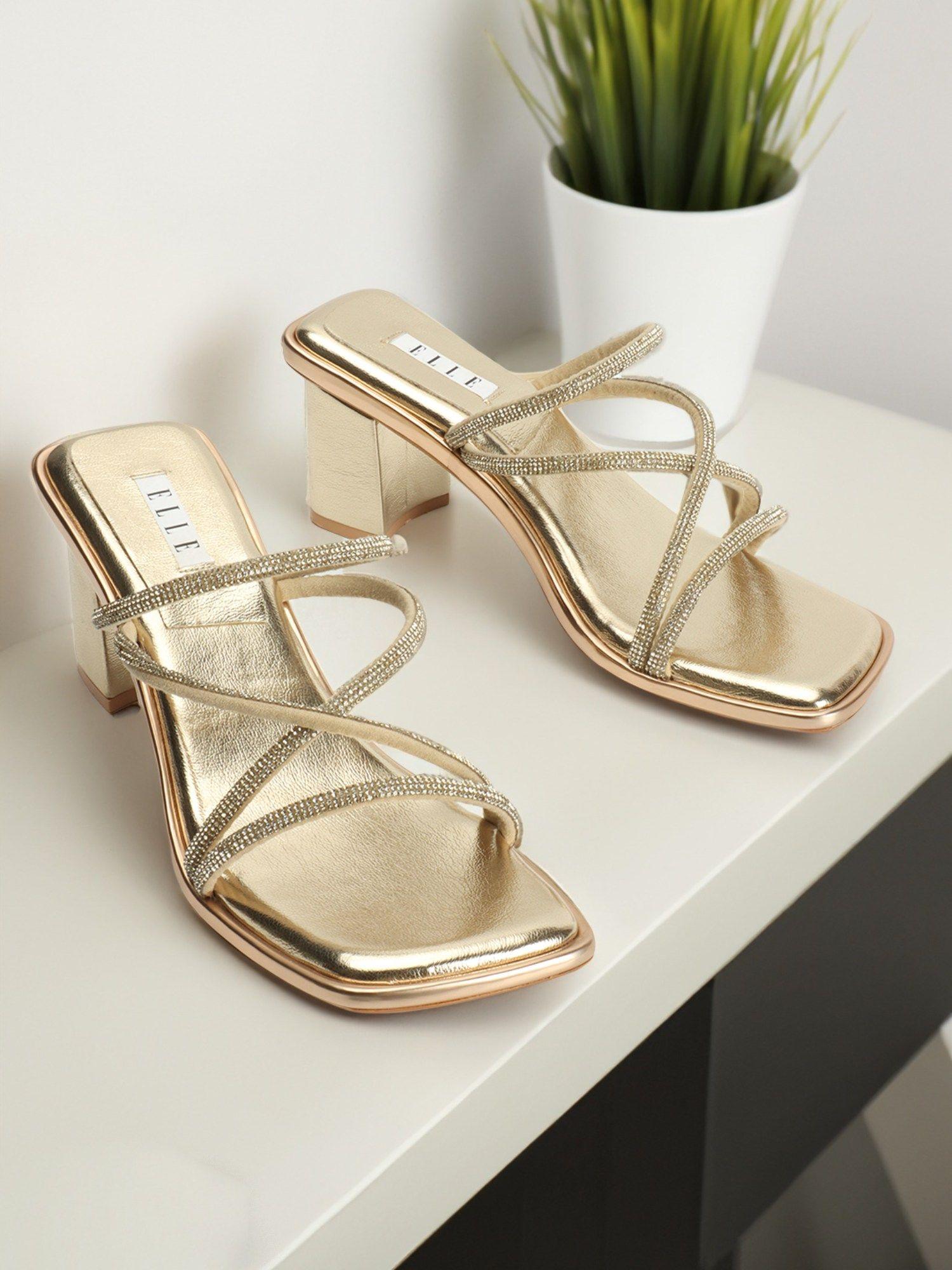 womens embellished gold color slip on sandals