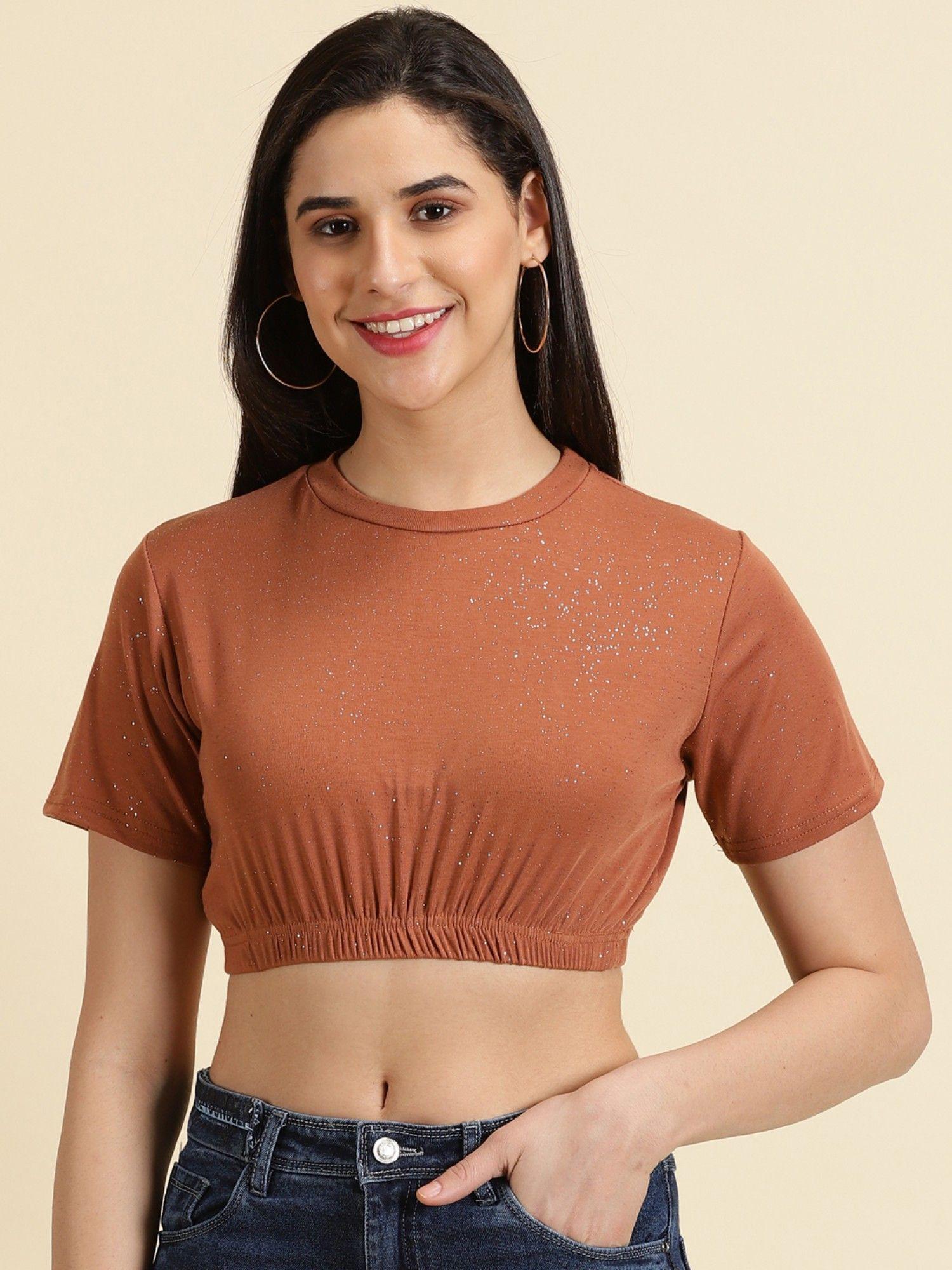 womens embellished round neck rust cinched waist crop top