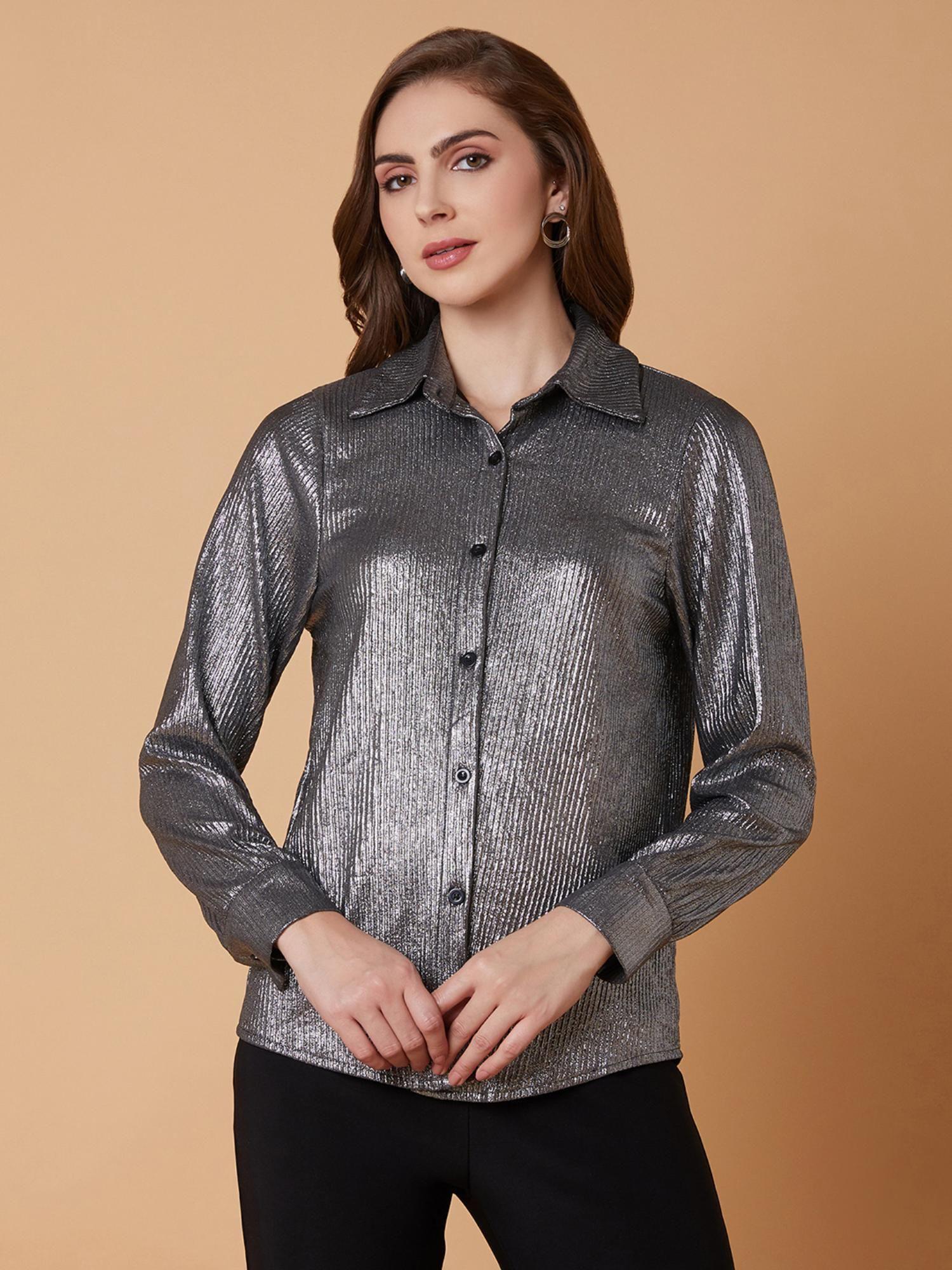 womens embellished spread collar metallic slim fit shirt