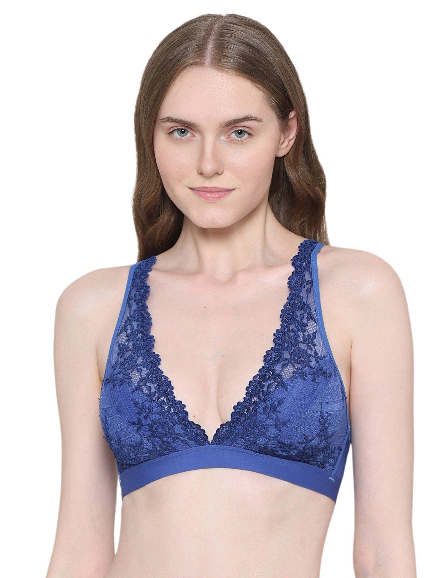 womens embrace lace non padded wireless bridal wear bralette-blue