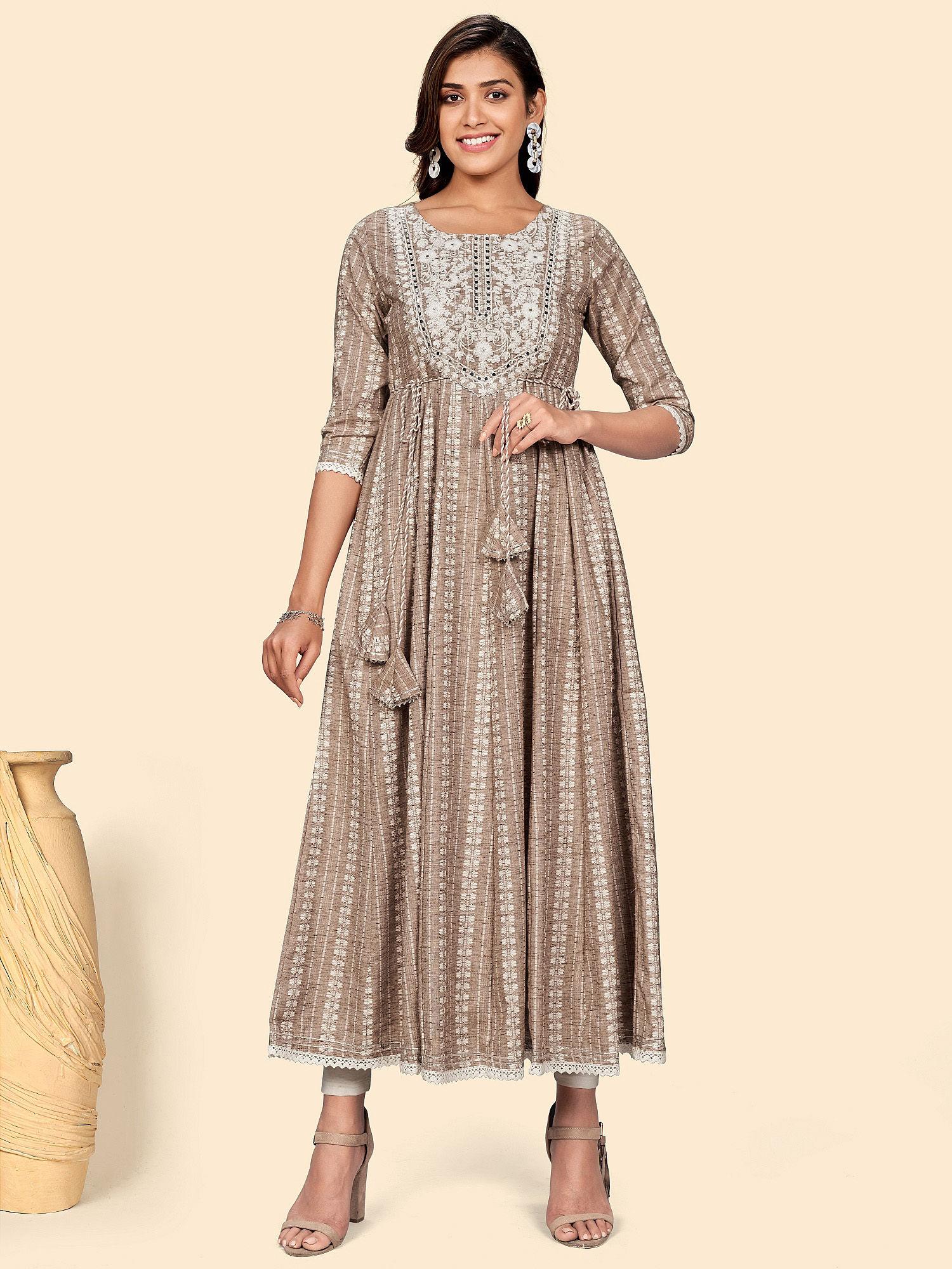 womens embroidered anarkali cotton blend light brown stitched kurta