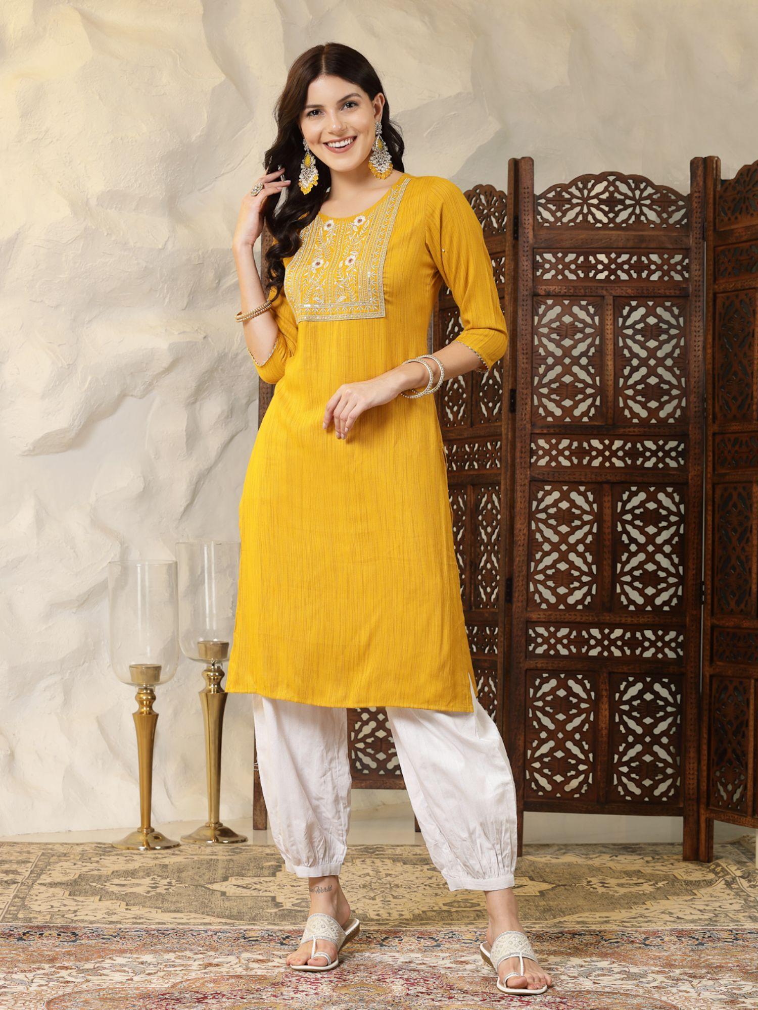 womens embroidered cotton blend straight kurta