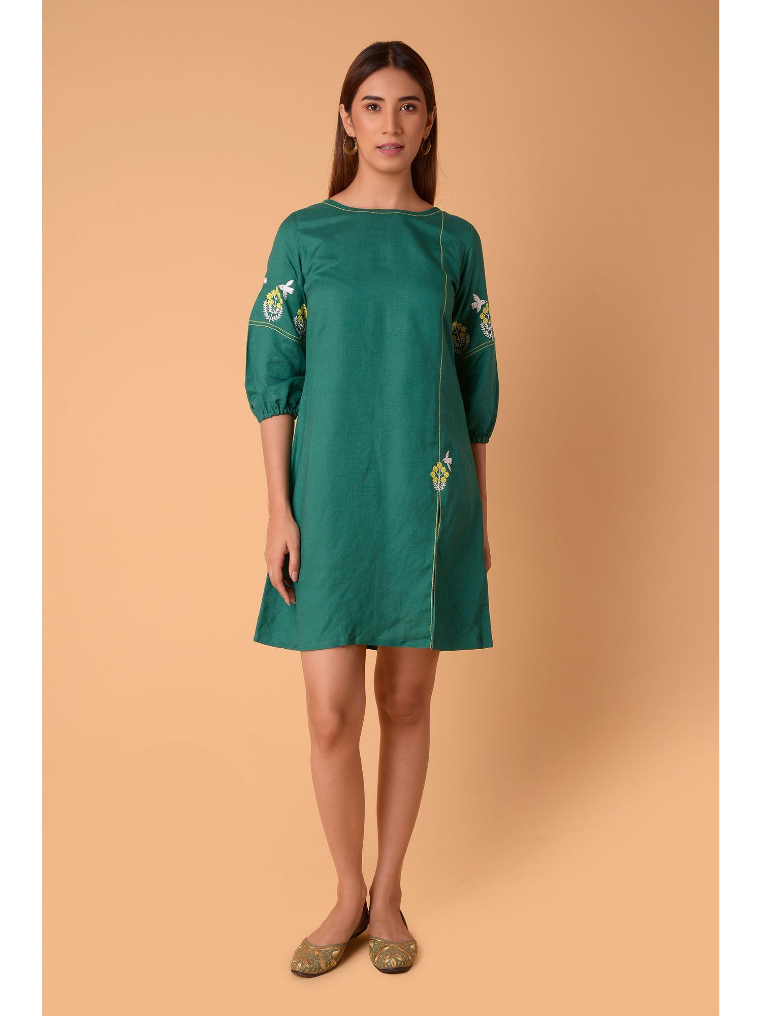 womens embroidered cotton green dress