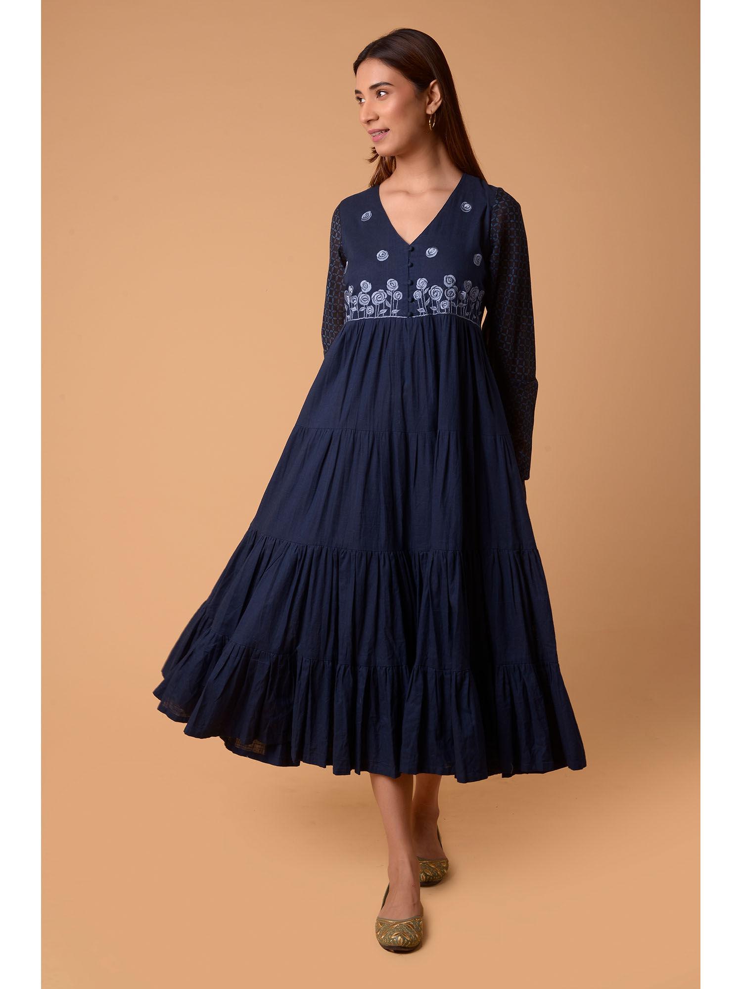 womens embroidered cotton navy blue dress