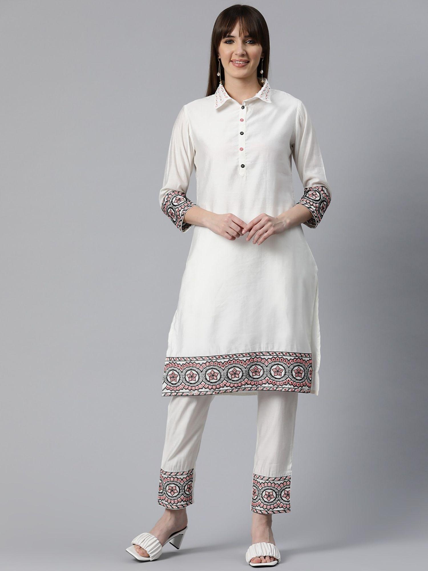 womens embroidered kurta & pant white (set of 2)