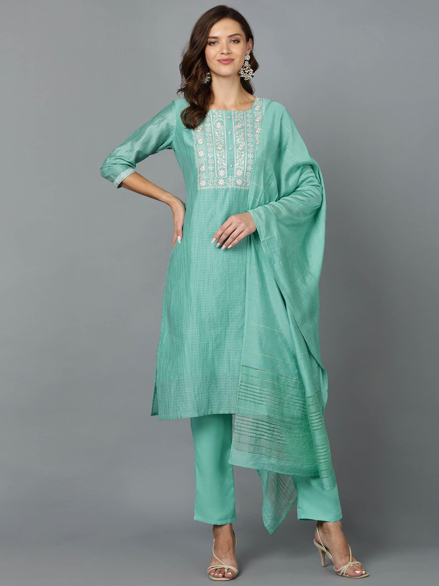 womens embroidered kurta with dupatta green (set of 3)