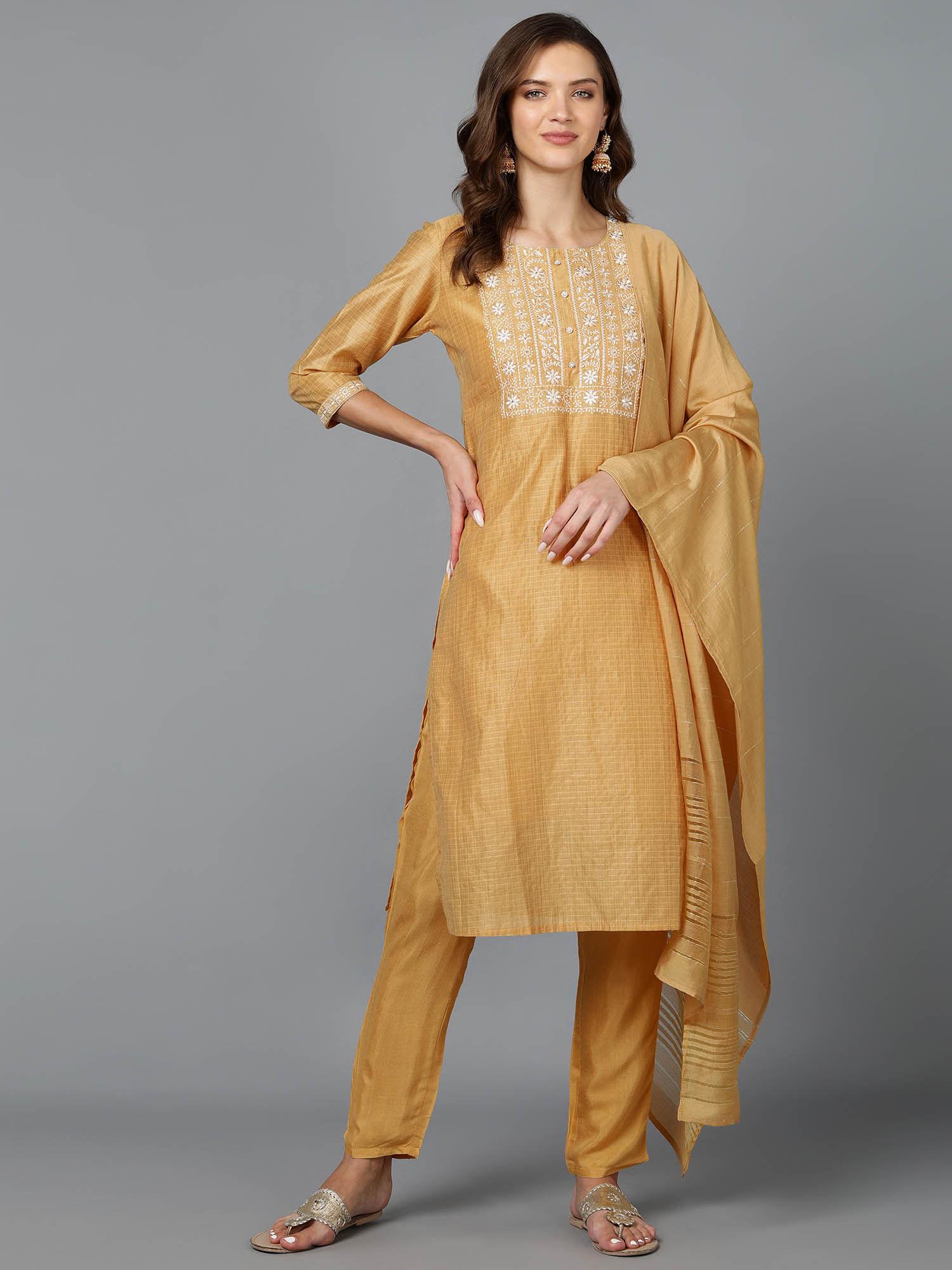 womens embroidered kurta with dupatta mustard (set of 3)