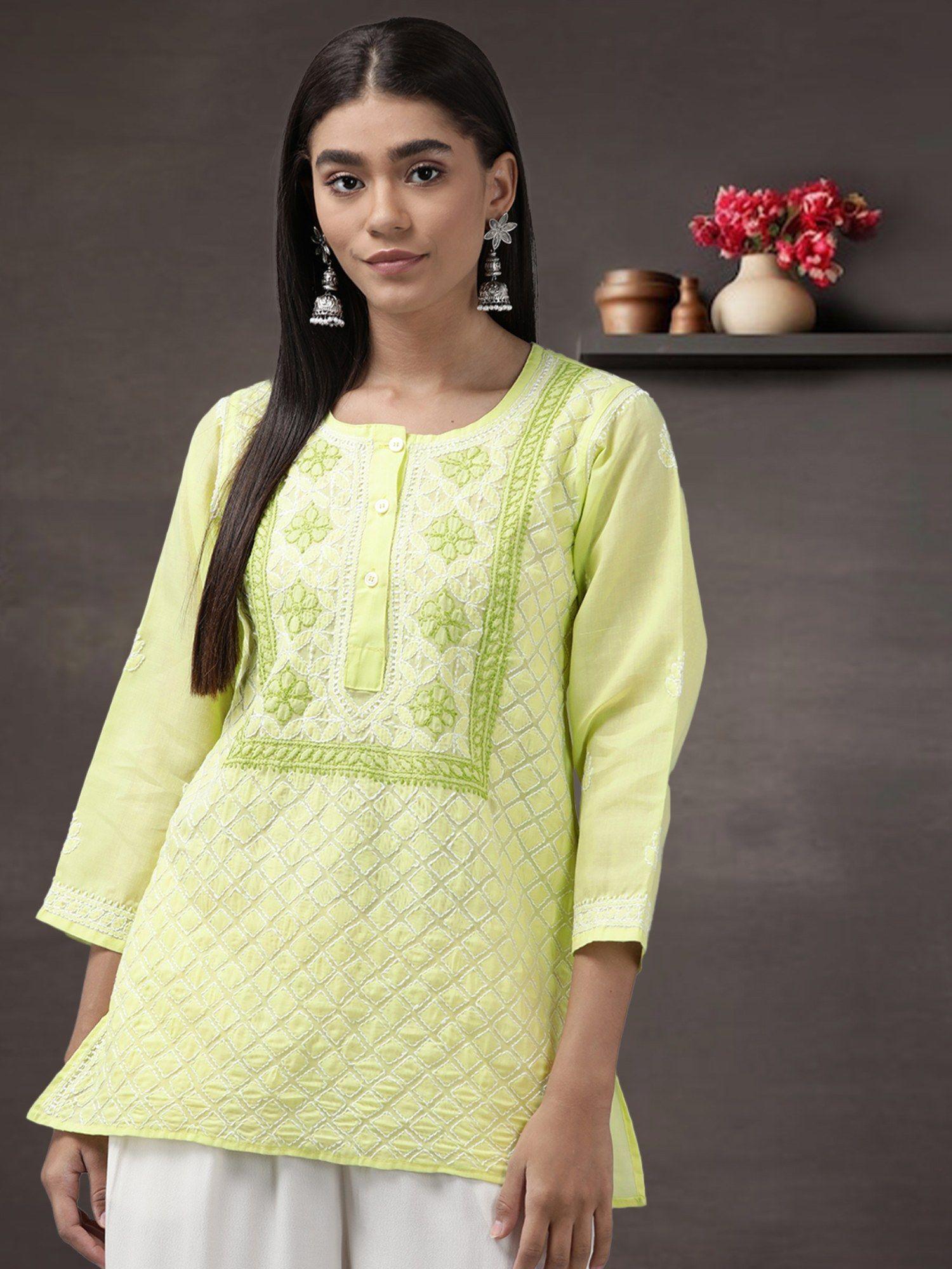 womens embroidered lucknowi chikankari green kurti