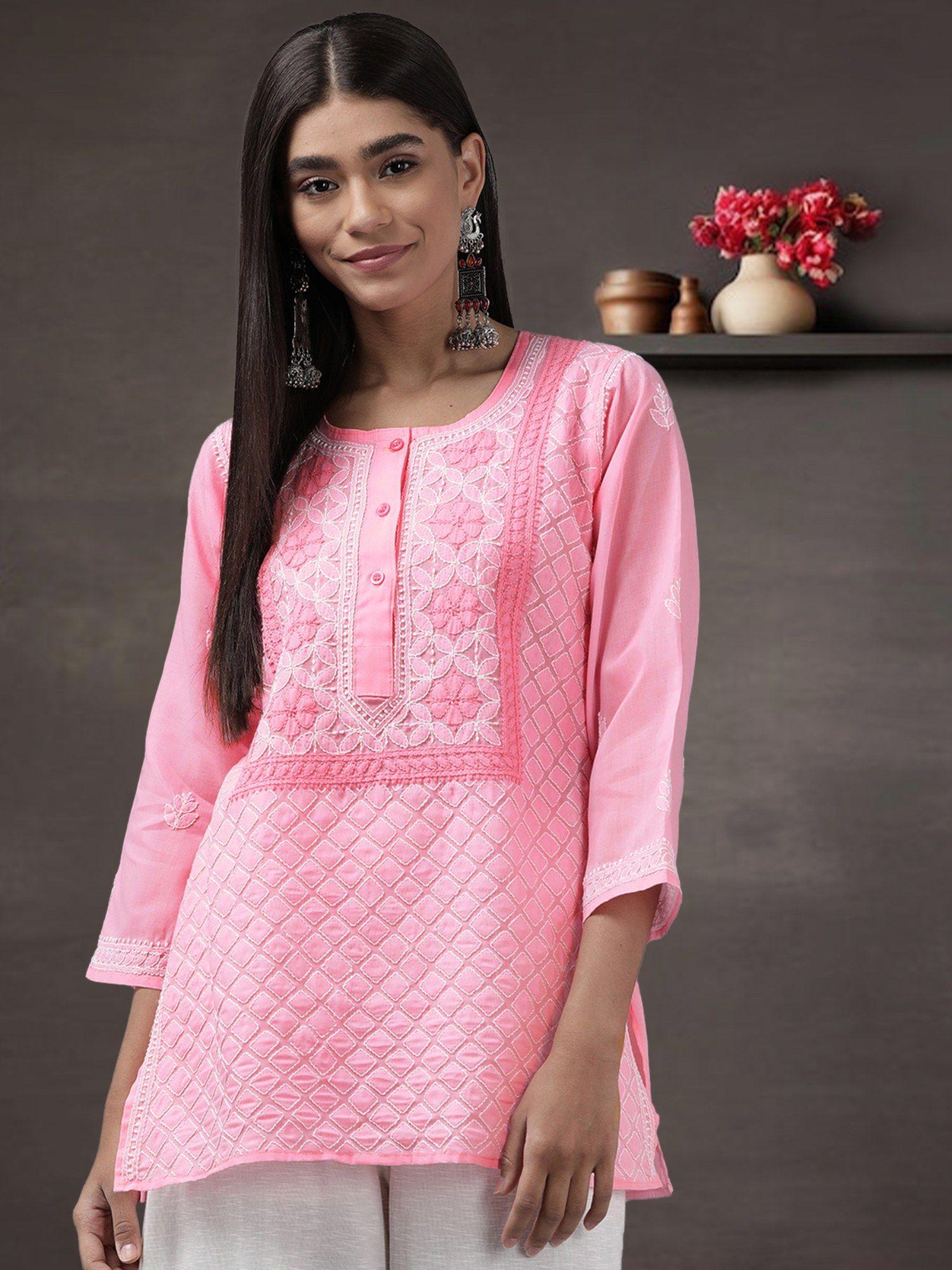 womens embroidered lucknowi chikankari pink kurti