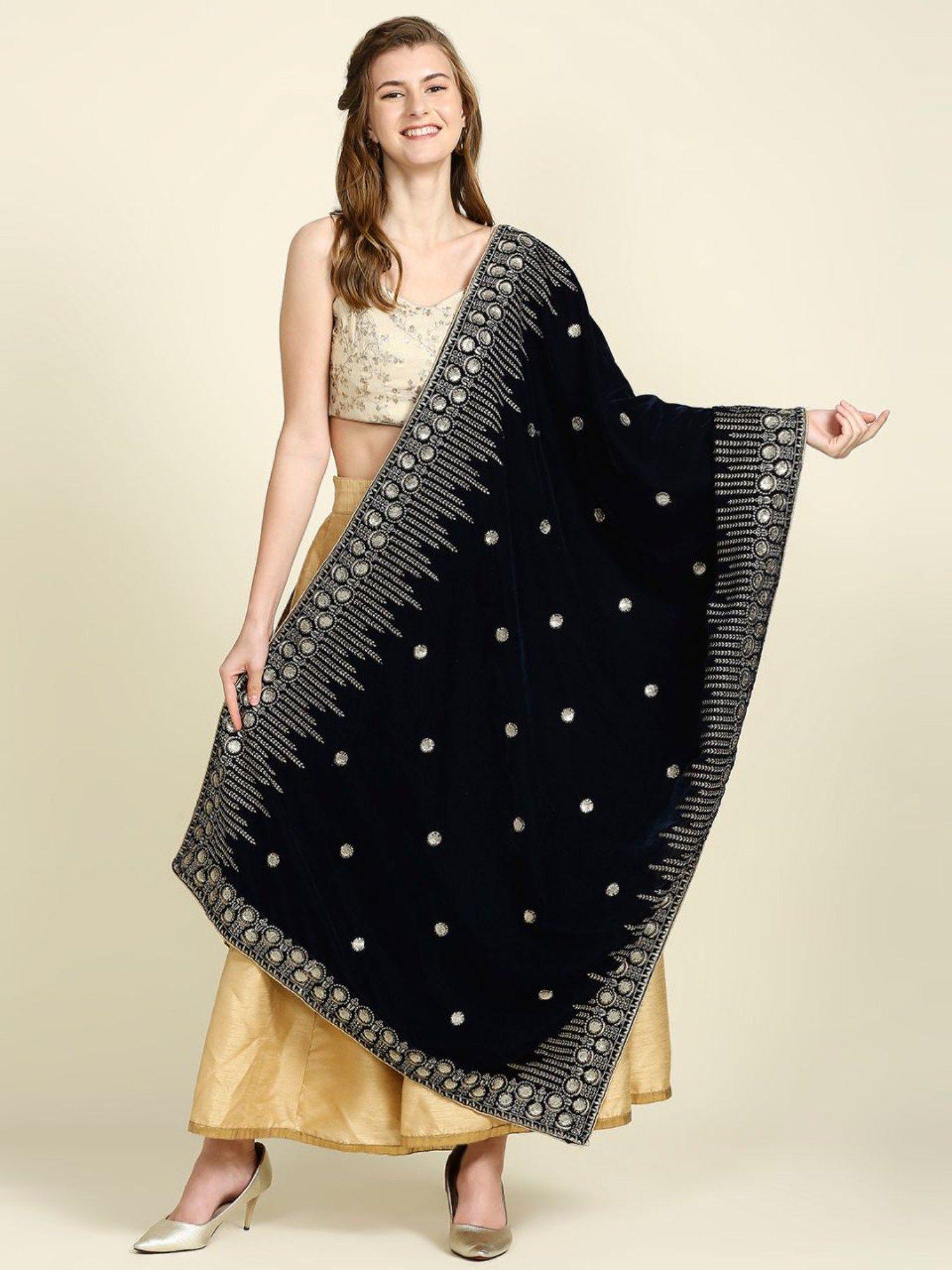 womens embroidered navy velvet dupatta