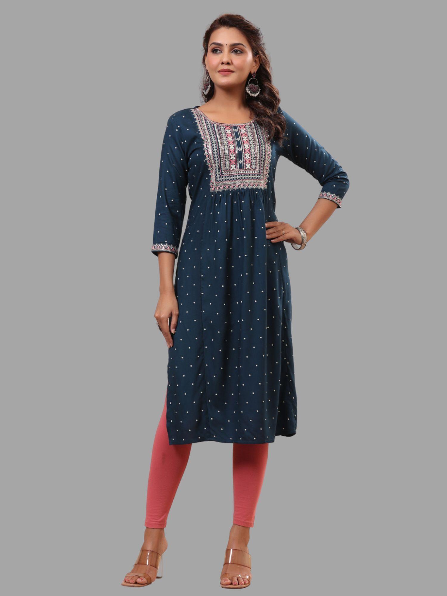 womens embroidered printed cotton straight blue kurta