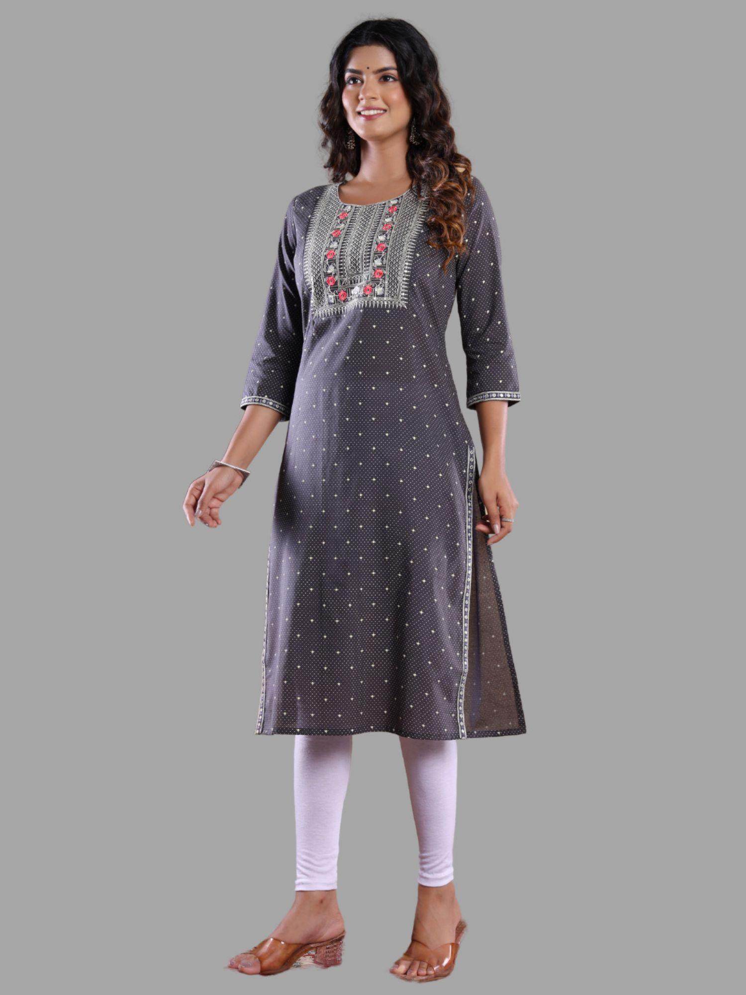 womens embroidered printed cotton straight grey kurta