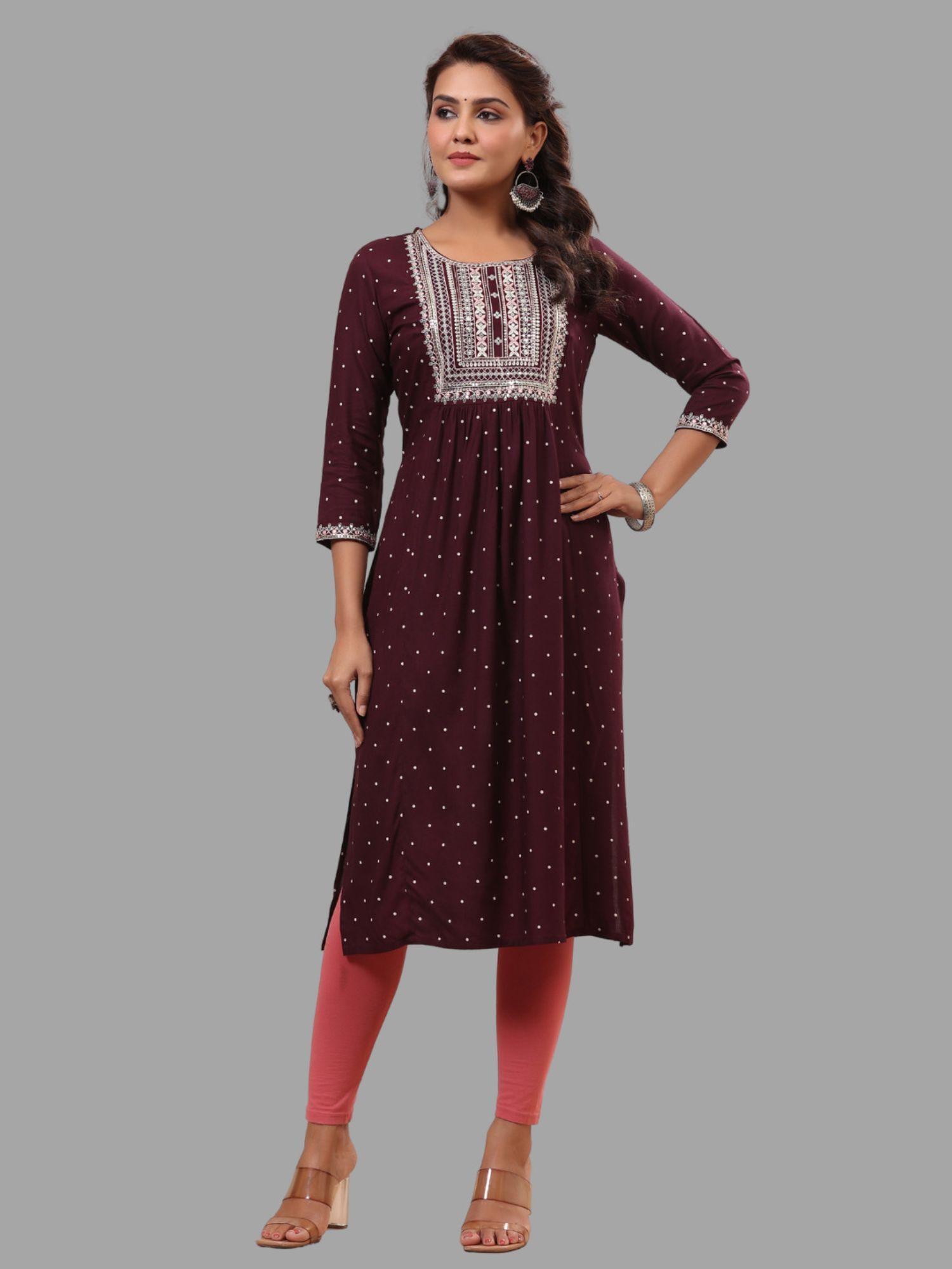 womens embroidered printed cotton straight maroon kurta