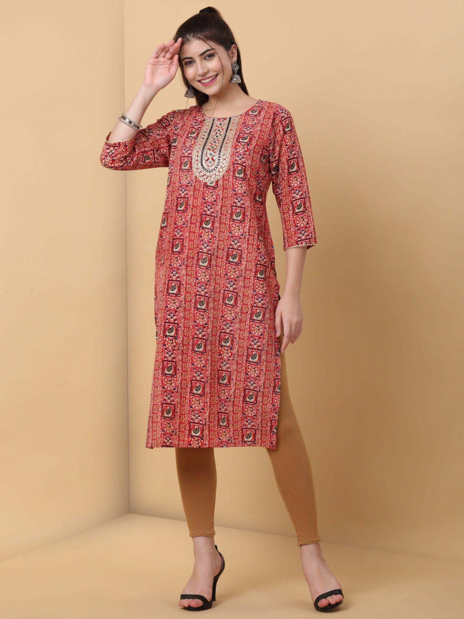 womens embroidered printed cotton straight red kurta