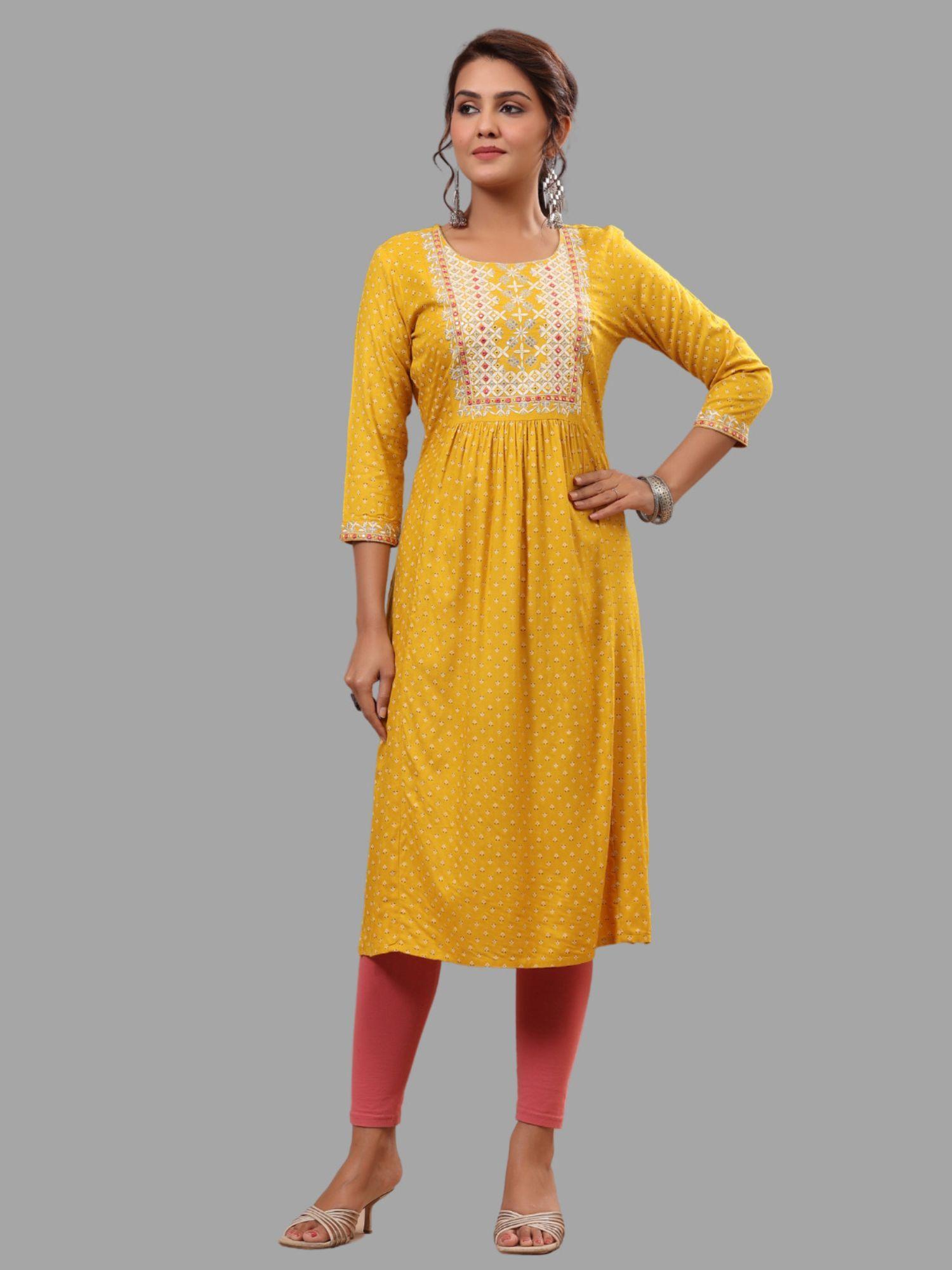 womens embroidered printed cotton straight yellow kurta