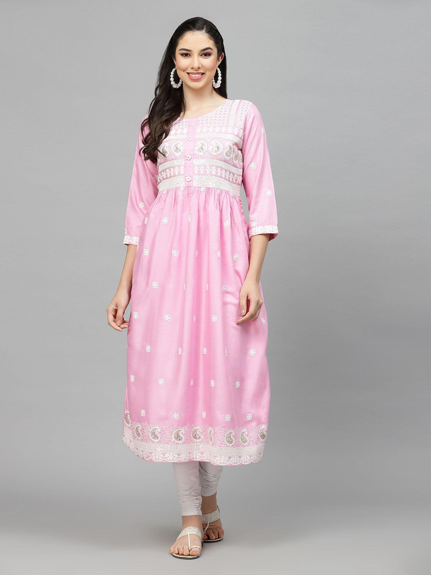 womens embroidered rayon flared anarkali kurta