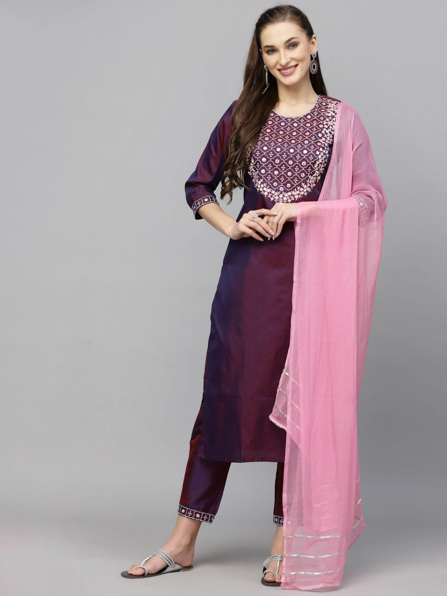 womens embroidered rayon straight kurta pant dupatta purple (set of 3)