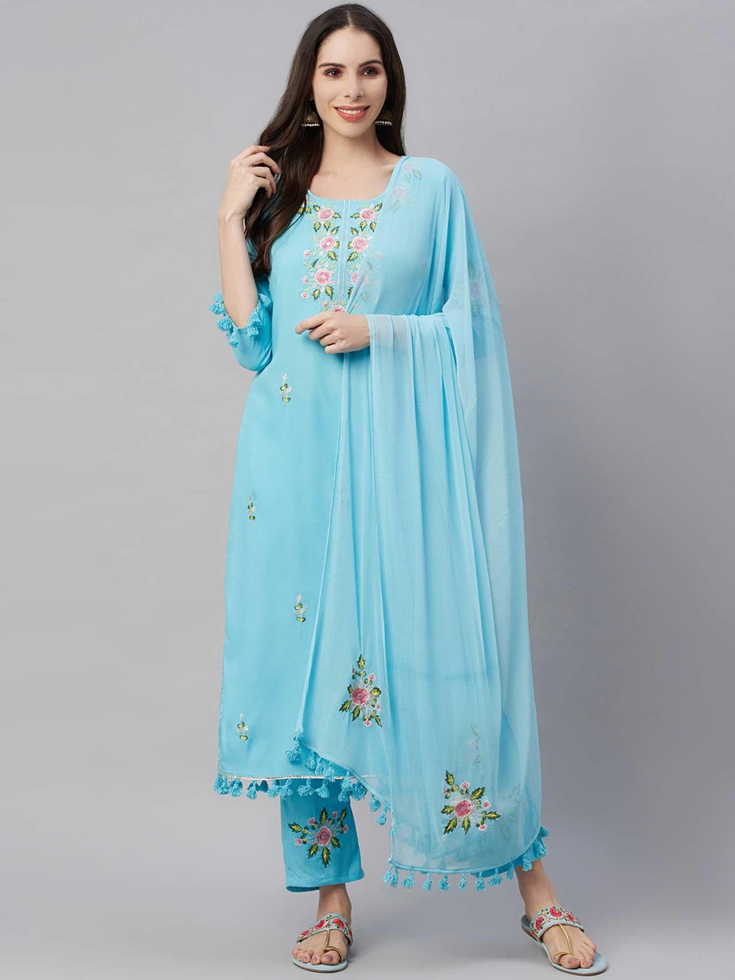 womens embroidered straight kurta pant dupatta set sky blue (set of 3)