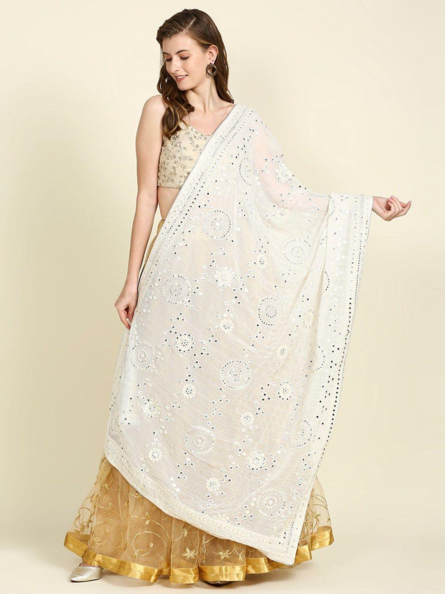 womens embroidered white georgette dupatta with mirror