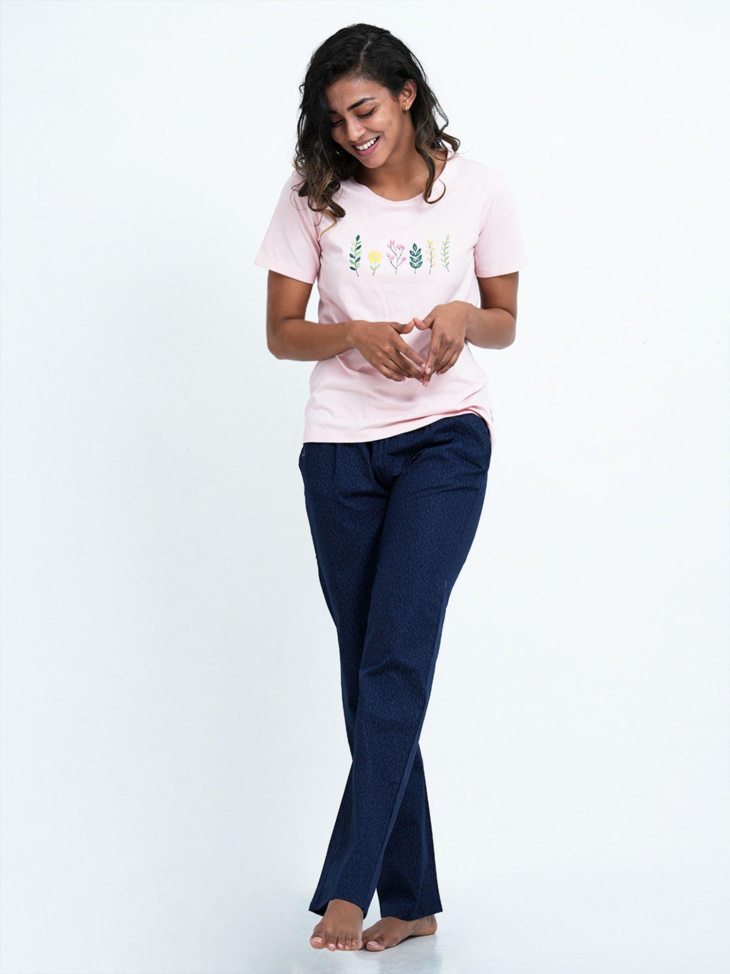 womens embroidery tshirt & pyjama set-pink